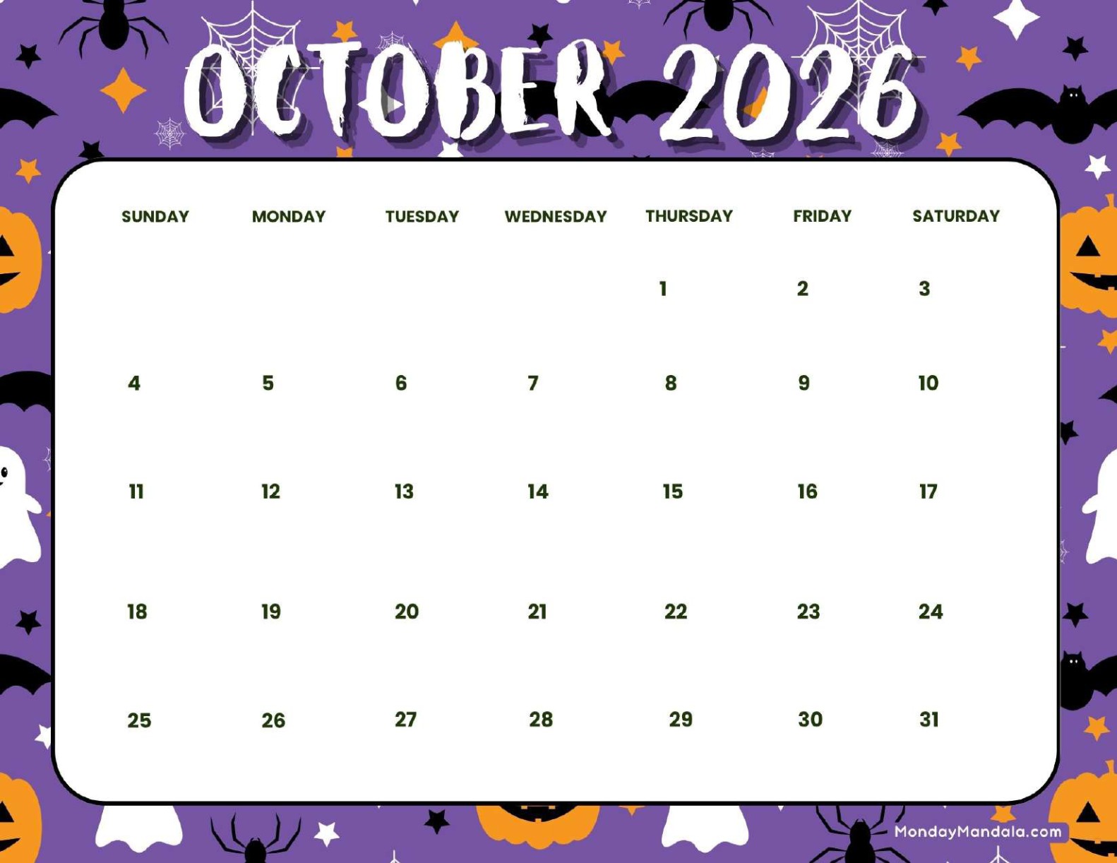 October 2026 Calendar Printable Spooky Landscape v3