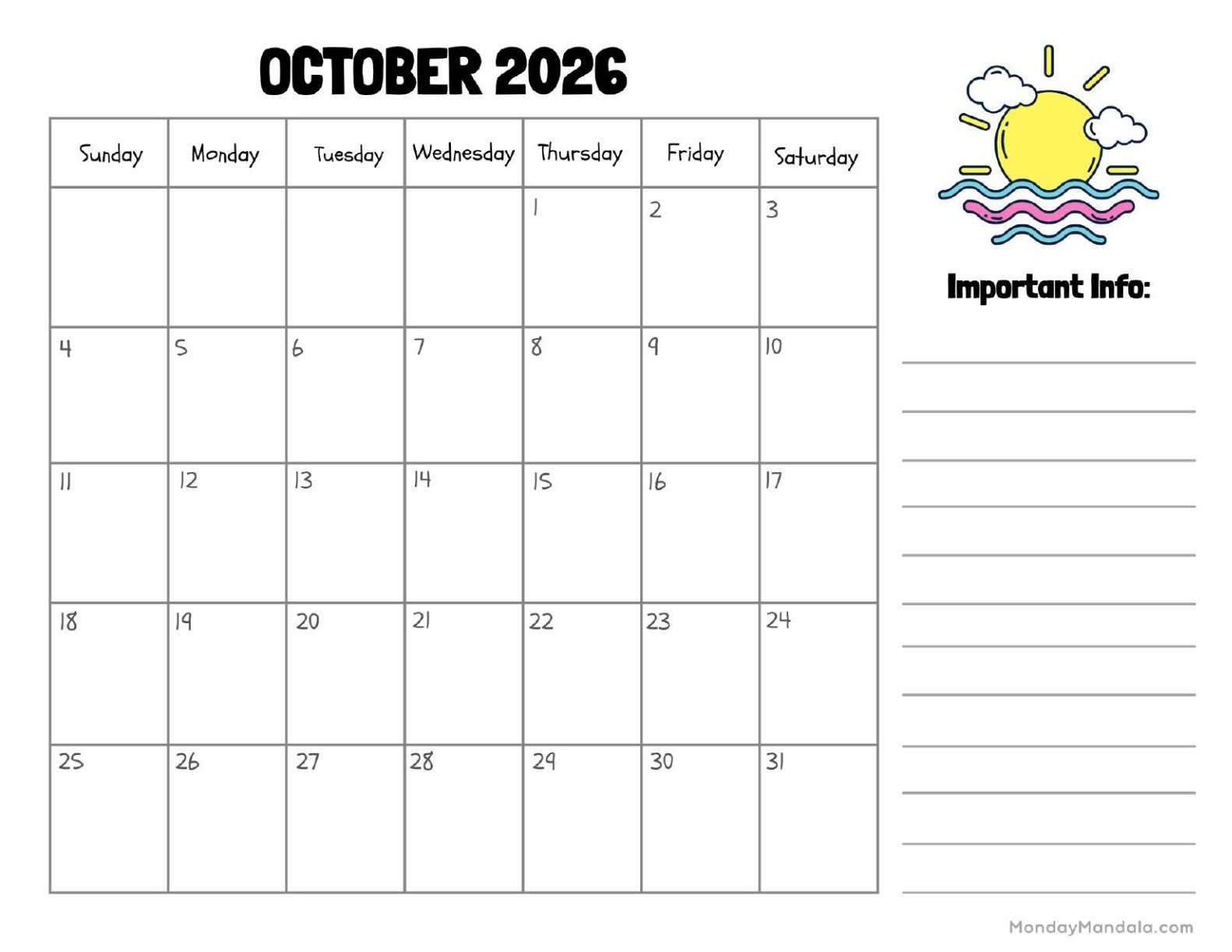 October 2026 Calendar Printable Sun Landscape v2