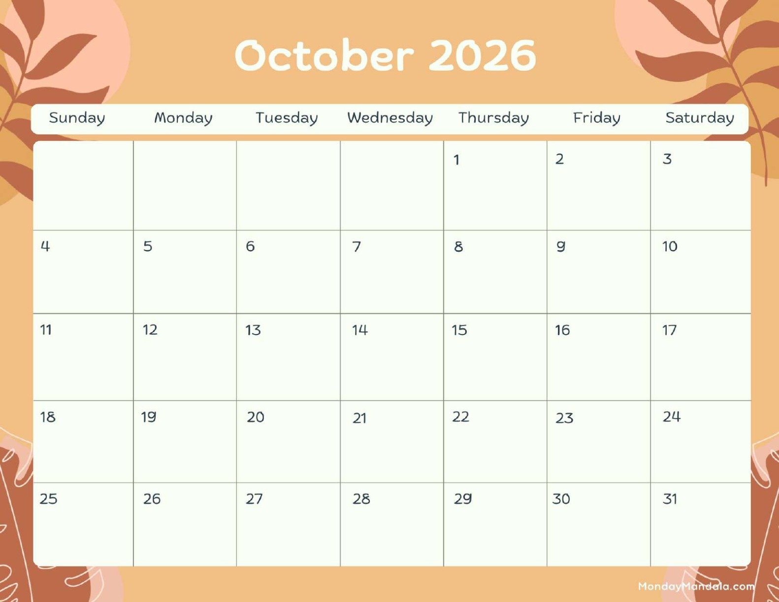 October 2026 Calendar Printable Terracotta Landscape v2