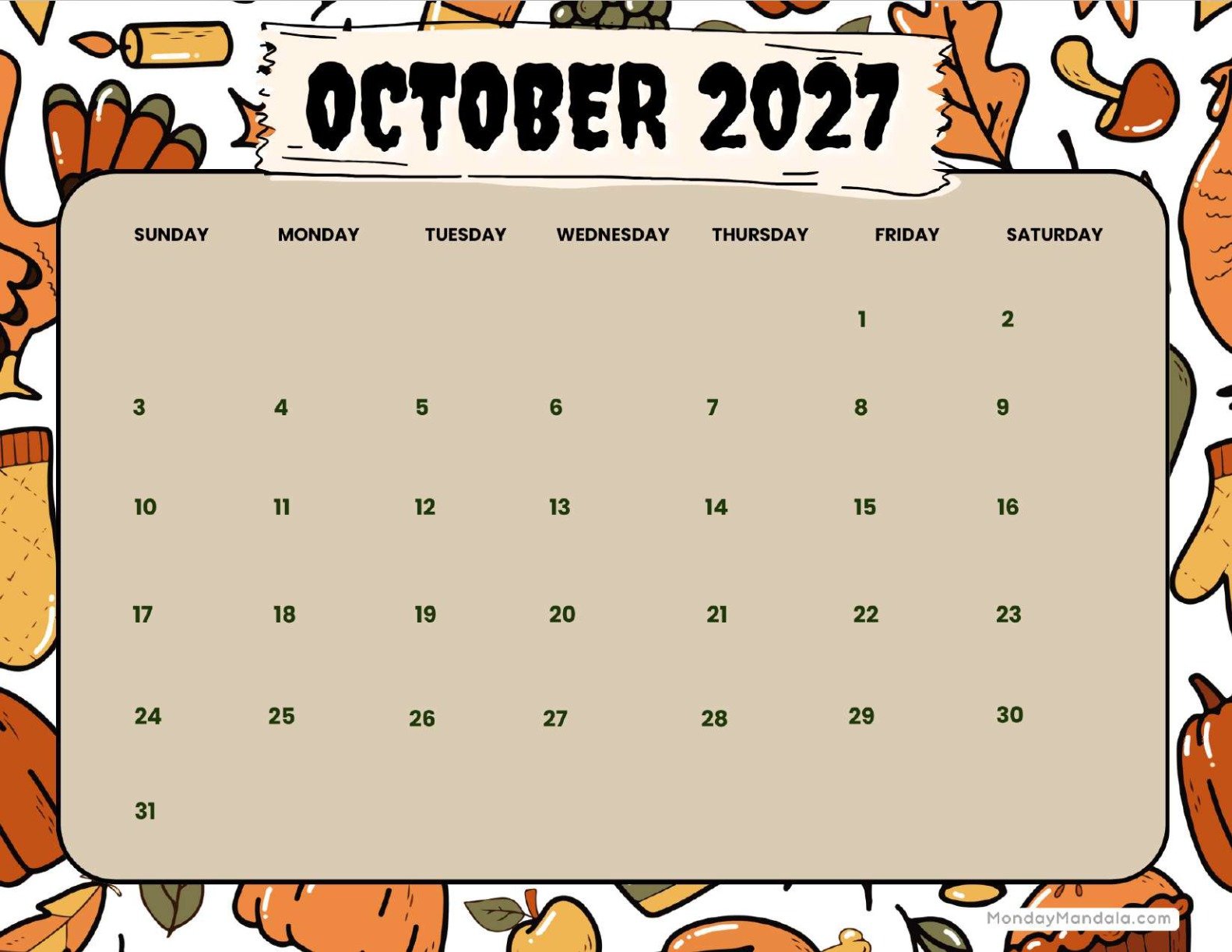October 2027 Calendar Printable Autumn Landscape