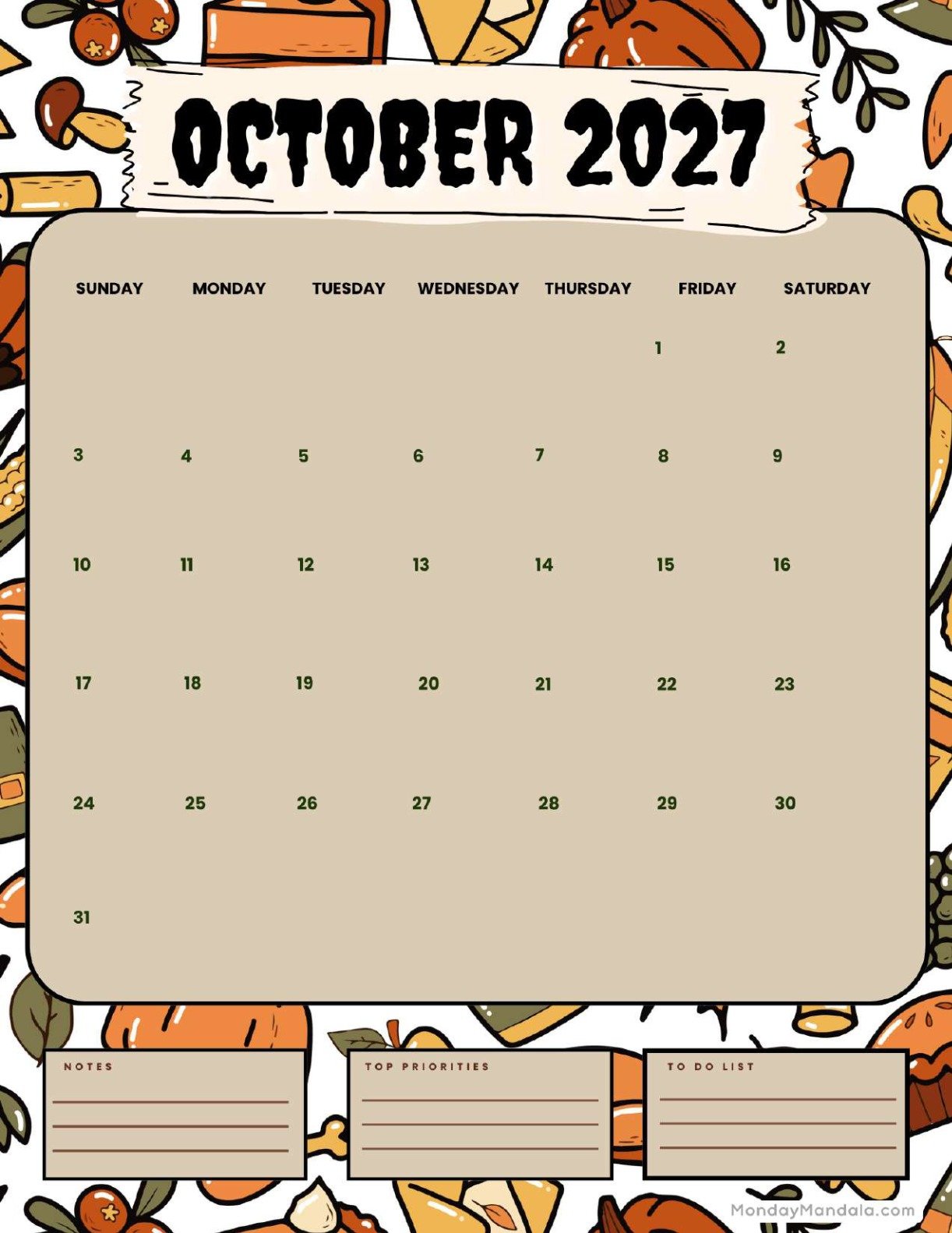 October 2027 Calendar Printable Autumn Portrait