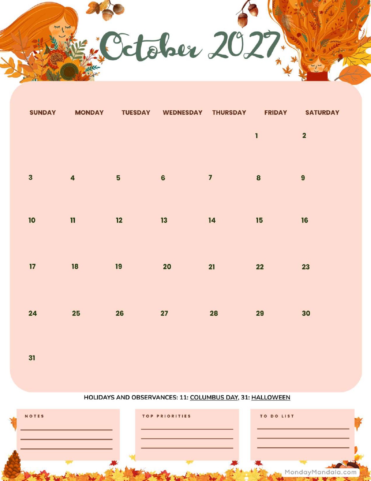 October 2027 Calendar Printable Breezy Portrait