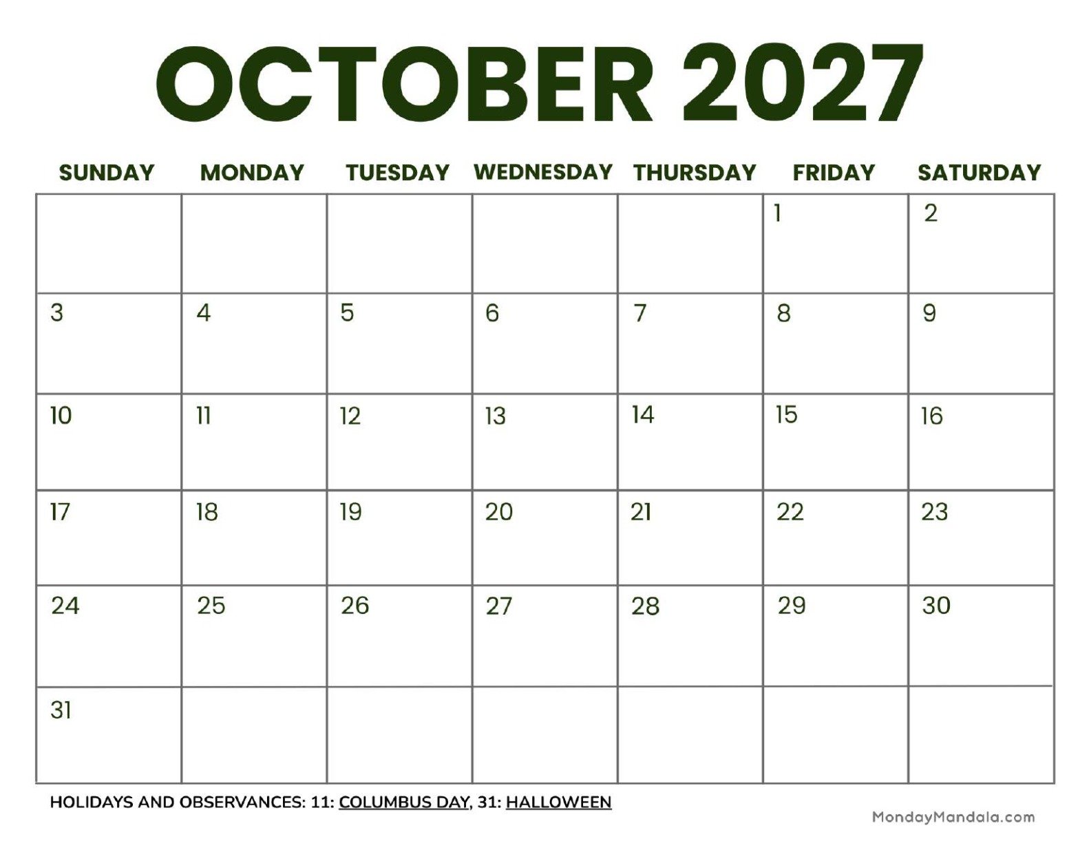 October 2027 Calendar Printable Business 2 Landscape