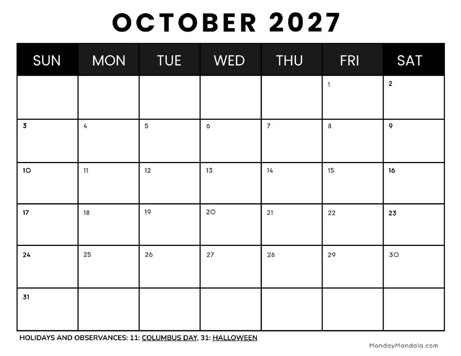October 2027 Calendar Printable Business 4 Landscape