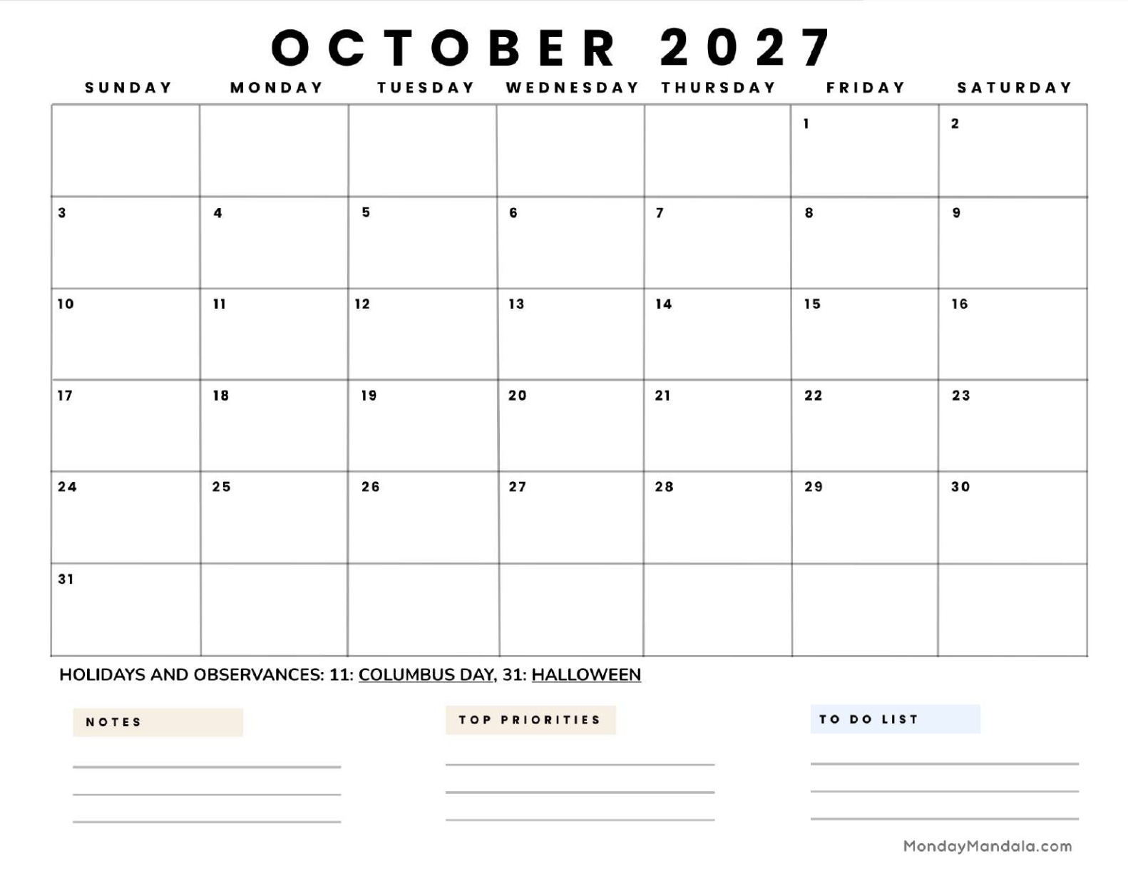 October 2027 Calendar Printable Business 5 Landscape