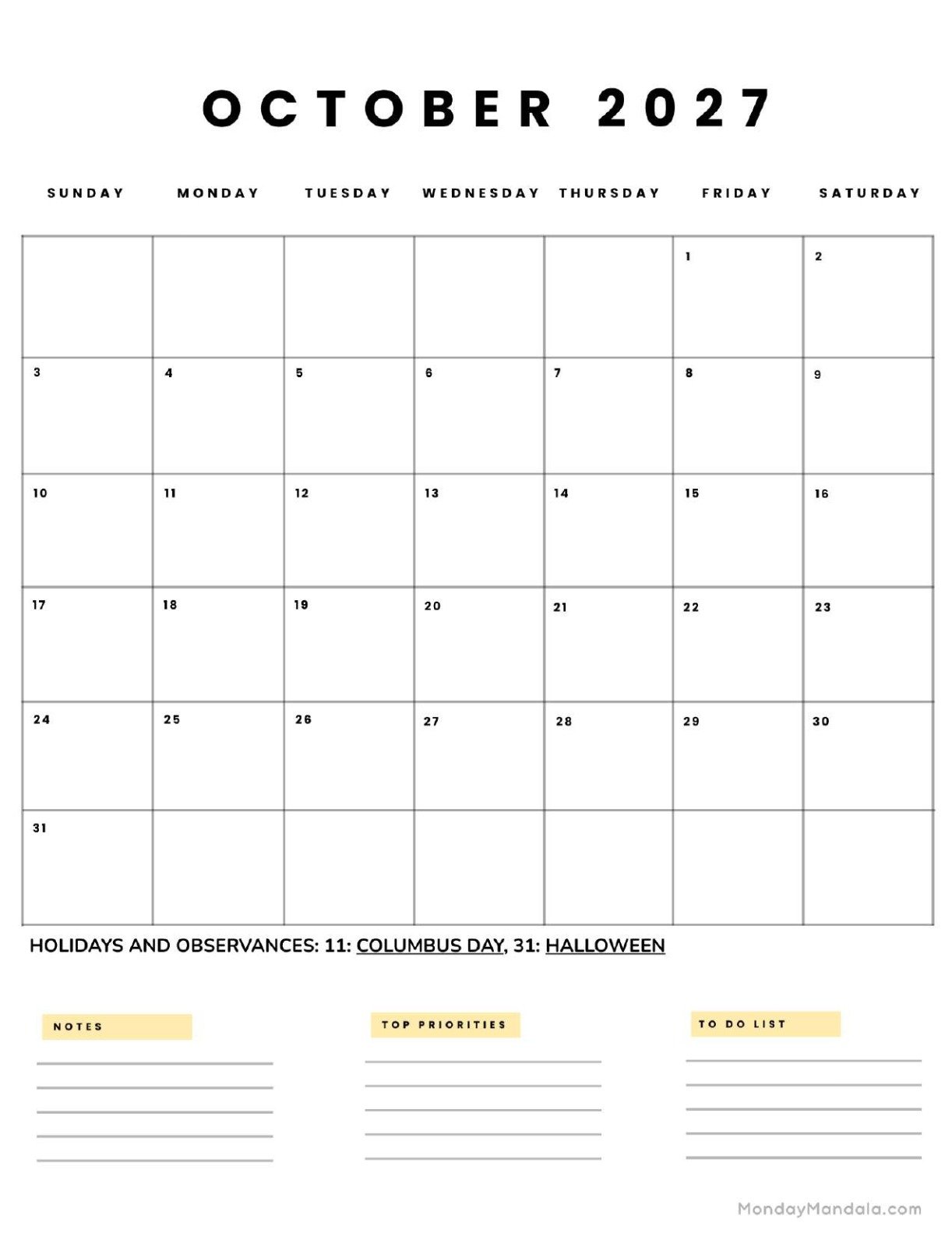 October 2027 Calendar Printable Business 5 Portrait