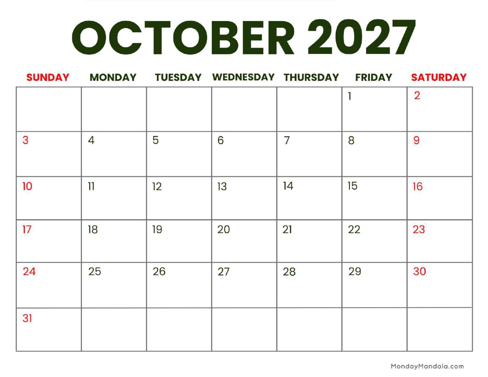 October 2027 Calendar Printable Business Landscape v2