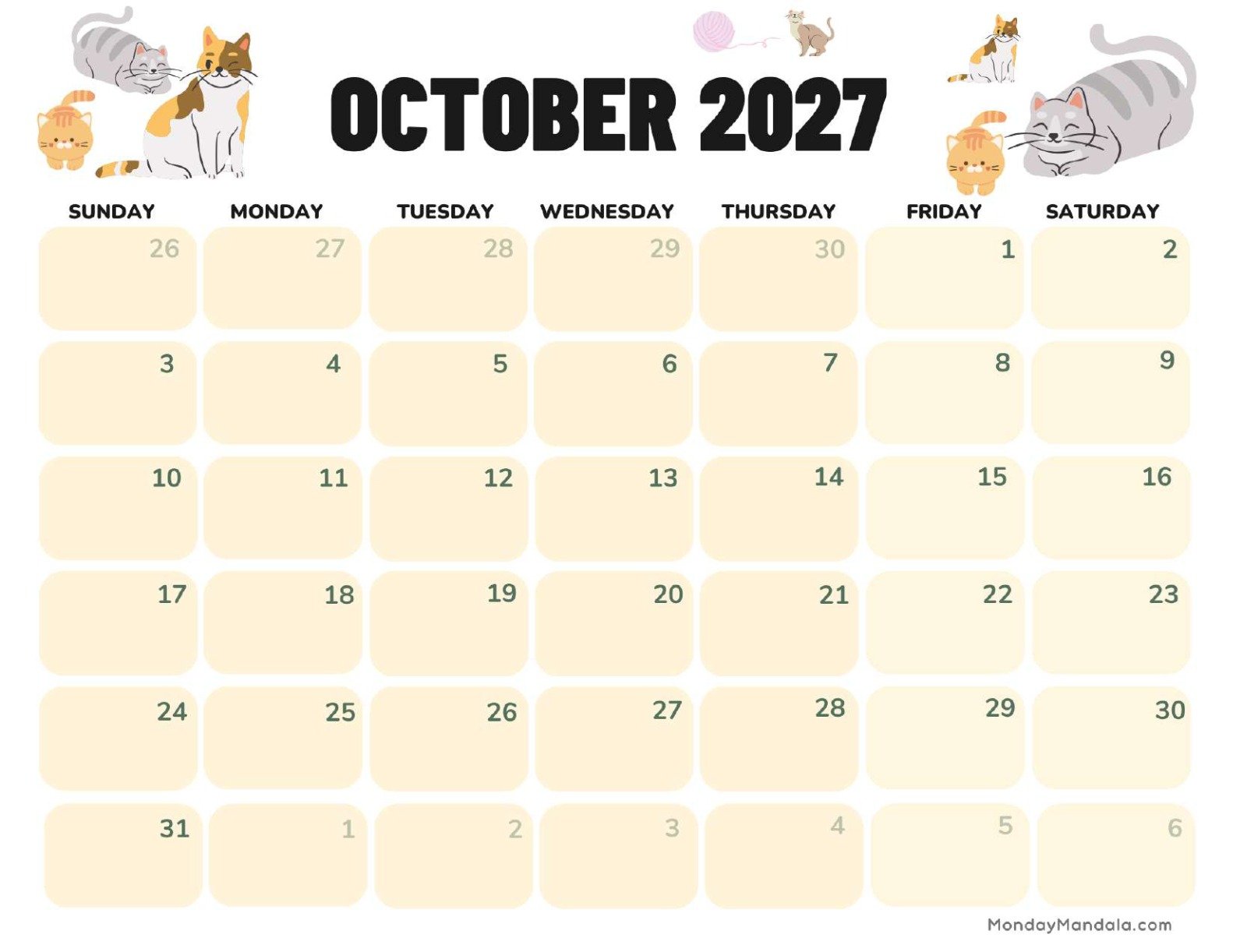 October 2027 Calendar Printable Cats Landscape