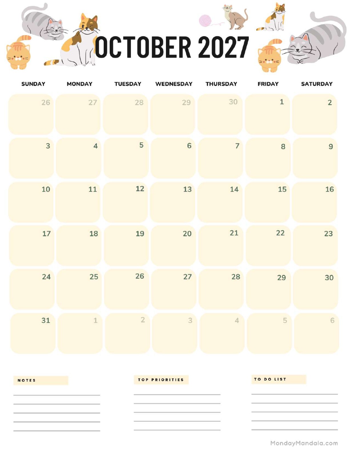 October 2027 Calendar Printable Cats Portrait