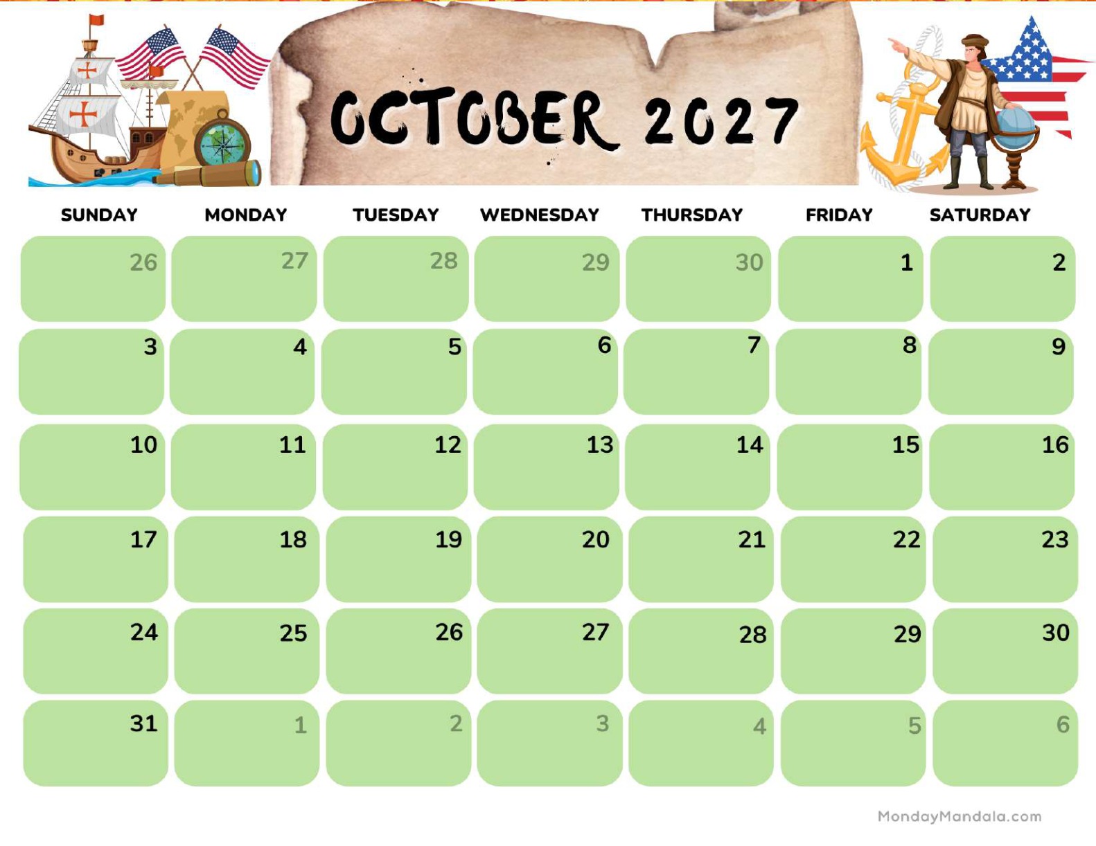 October 2027 Calendar Printable Columbus Day 2 Landscape