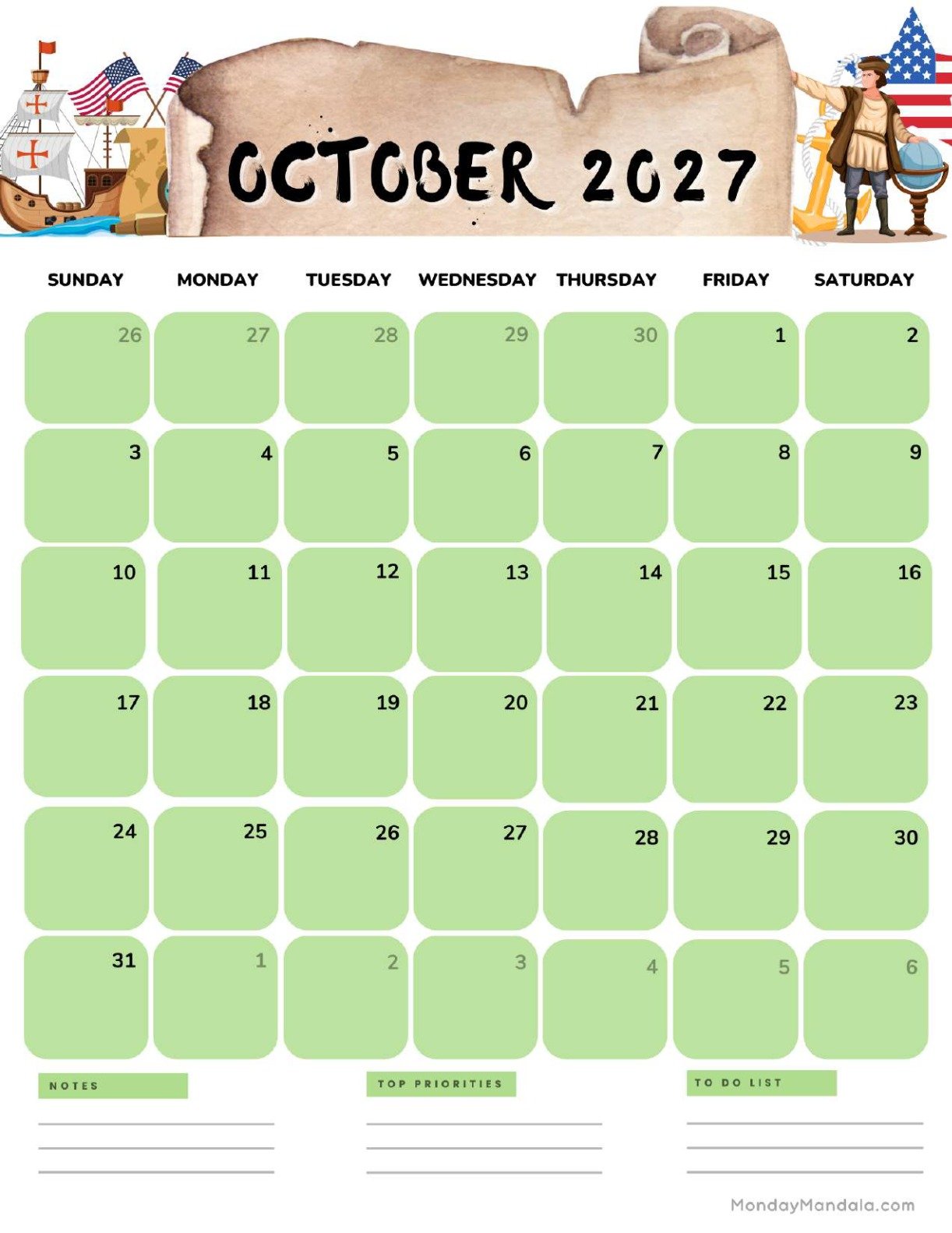 October 2027 Calendar Printable Columbus Day 2 Portrait