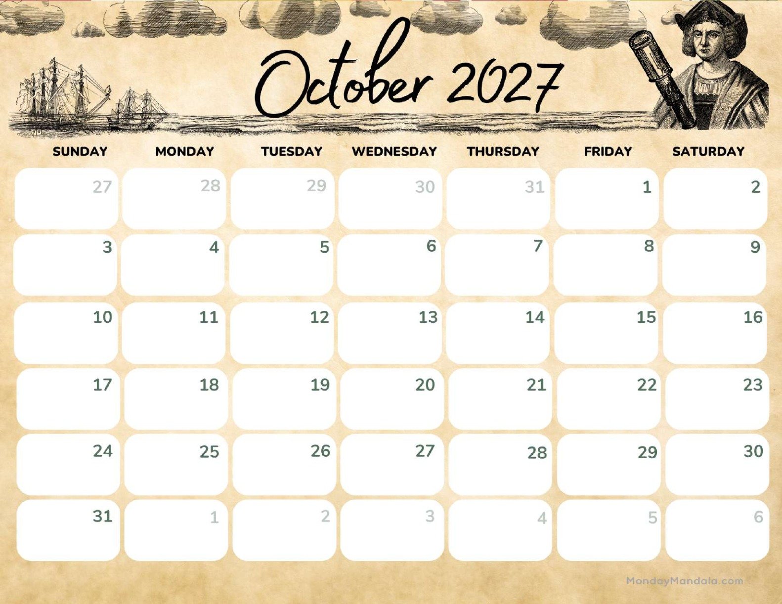 October 2027 Calendar Printable Columbus Day Landscape
