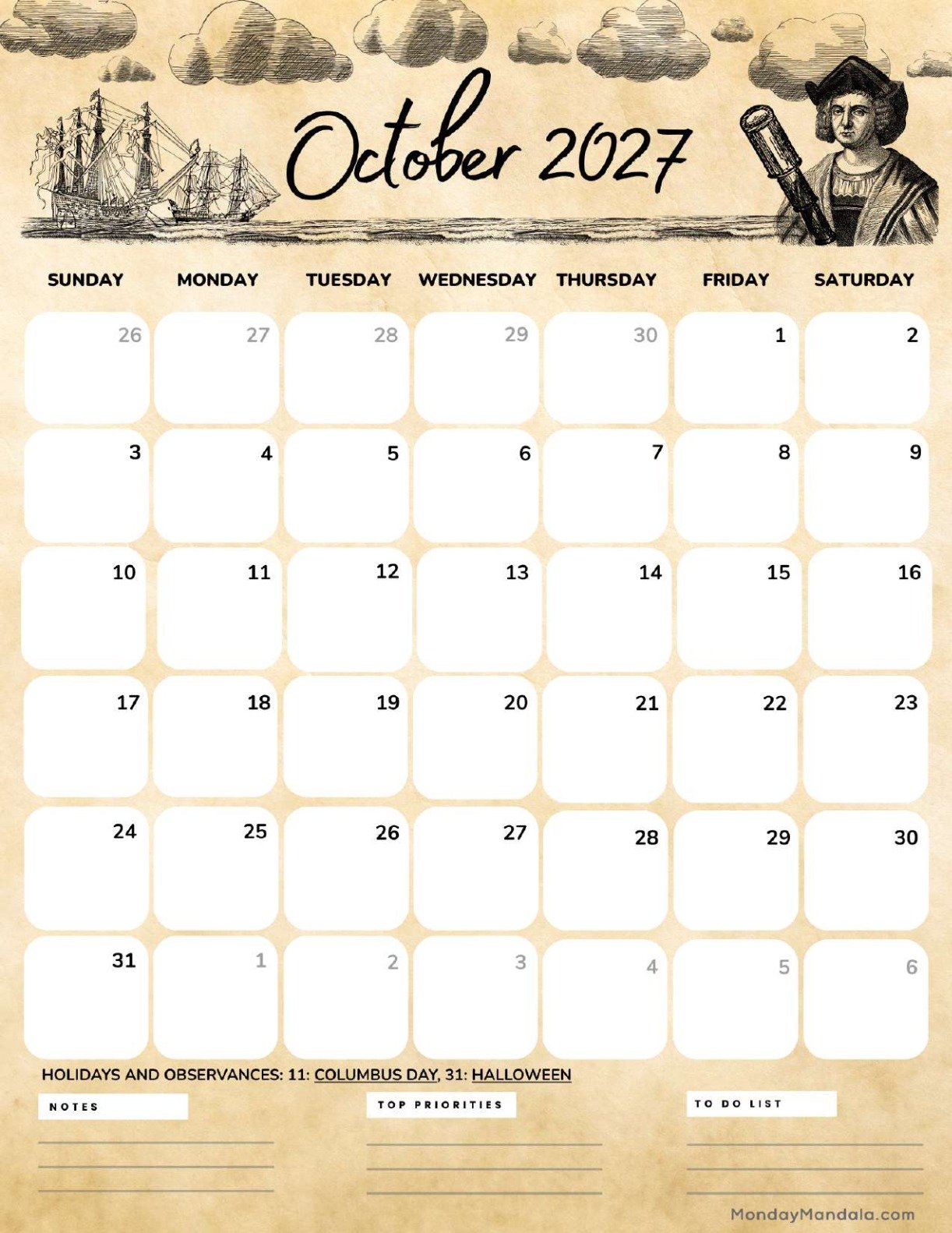 October 2027 Calendar Printable Columbus Day Portrait