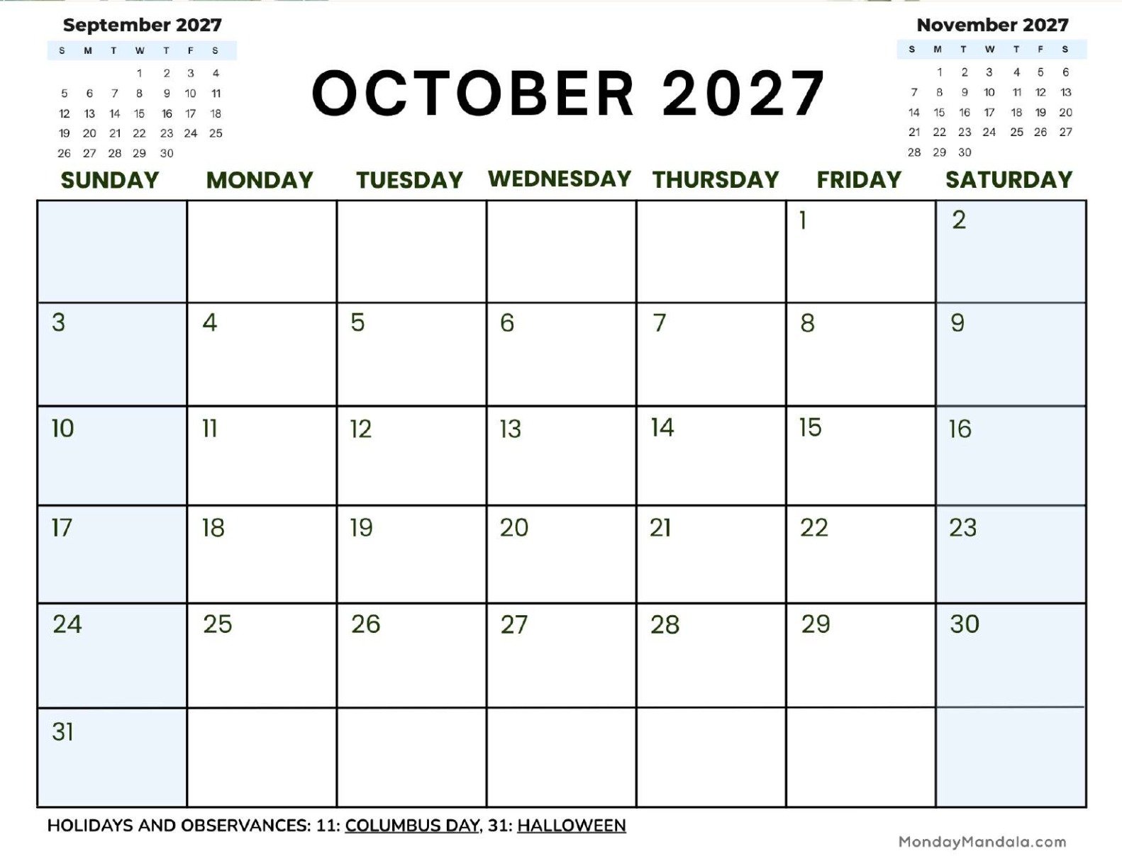 October 2027 Calendar Printable Corporate 2 Landscape