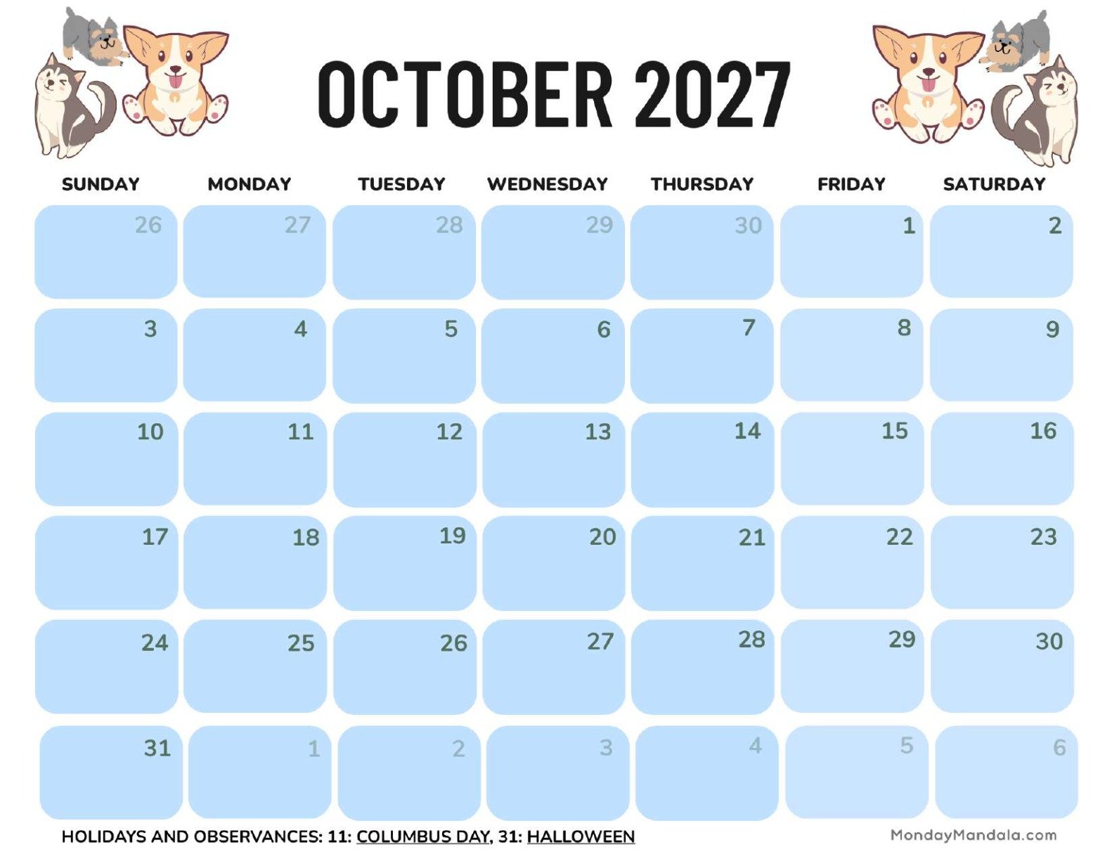 October 2027 Calendar Printable Dogs Landscape