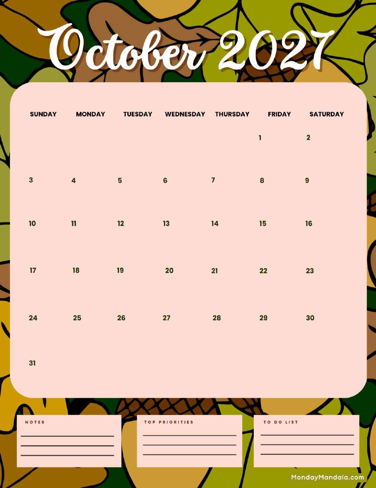October 2027 Calendar Printable Earthy Portrait