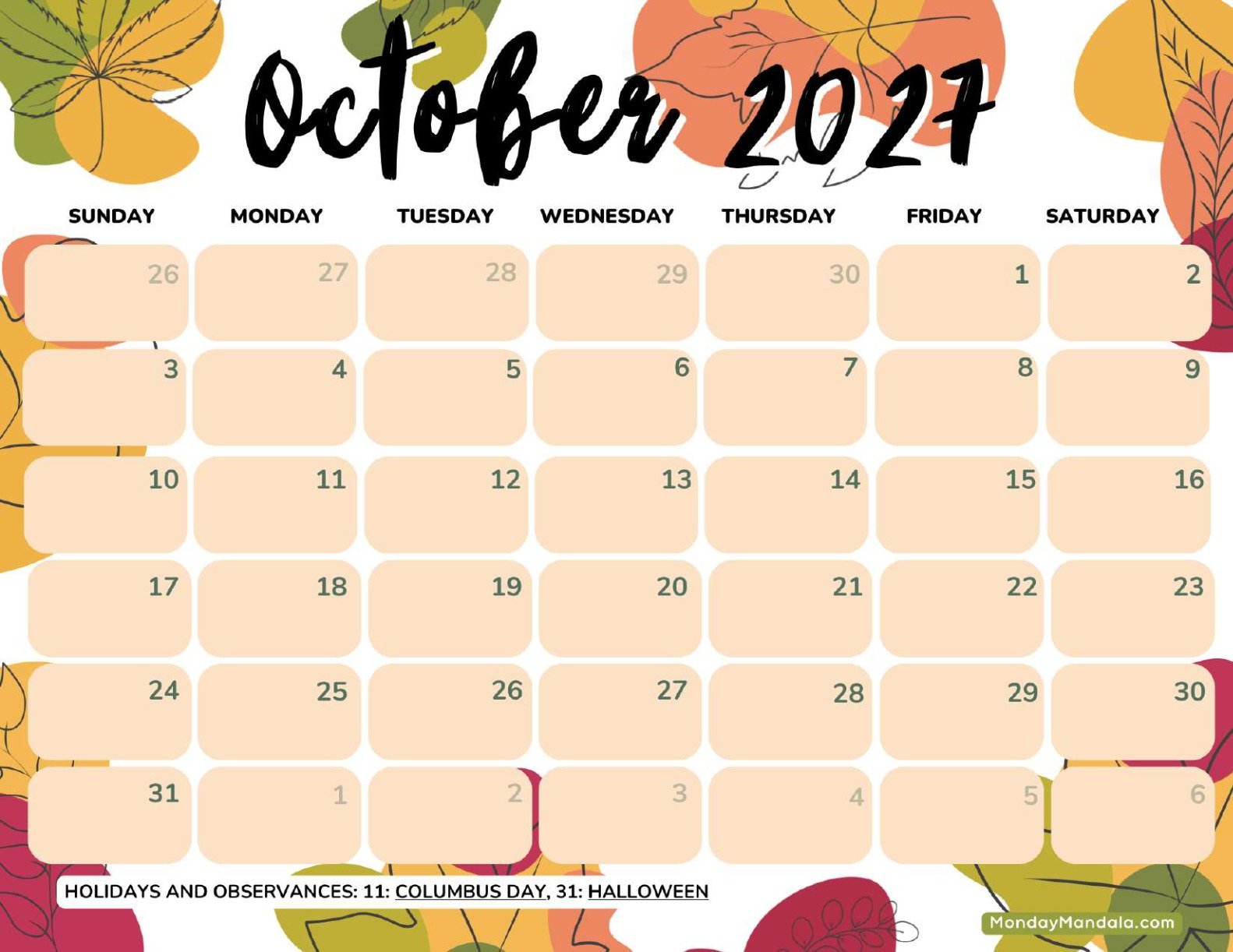 October 2027 Calendar Printable Fall Landscape