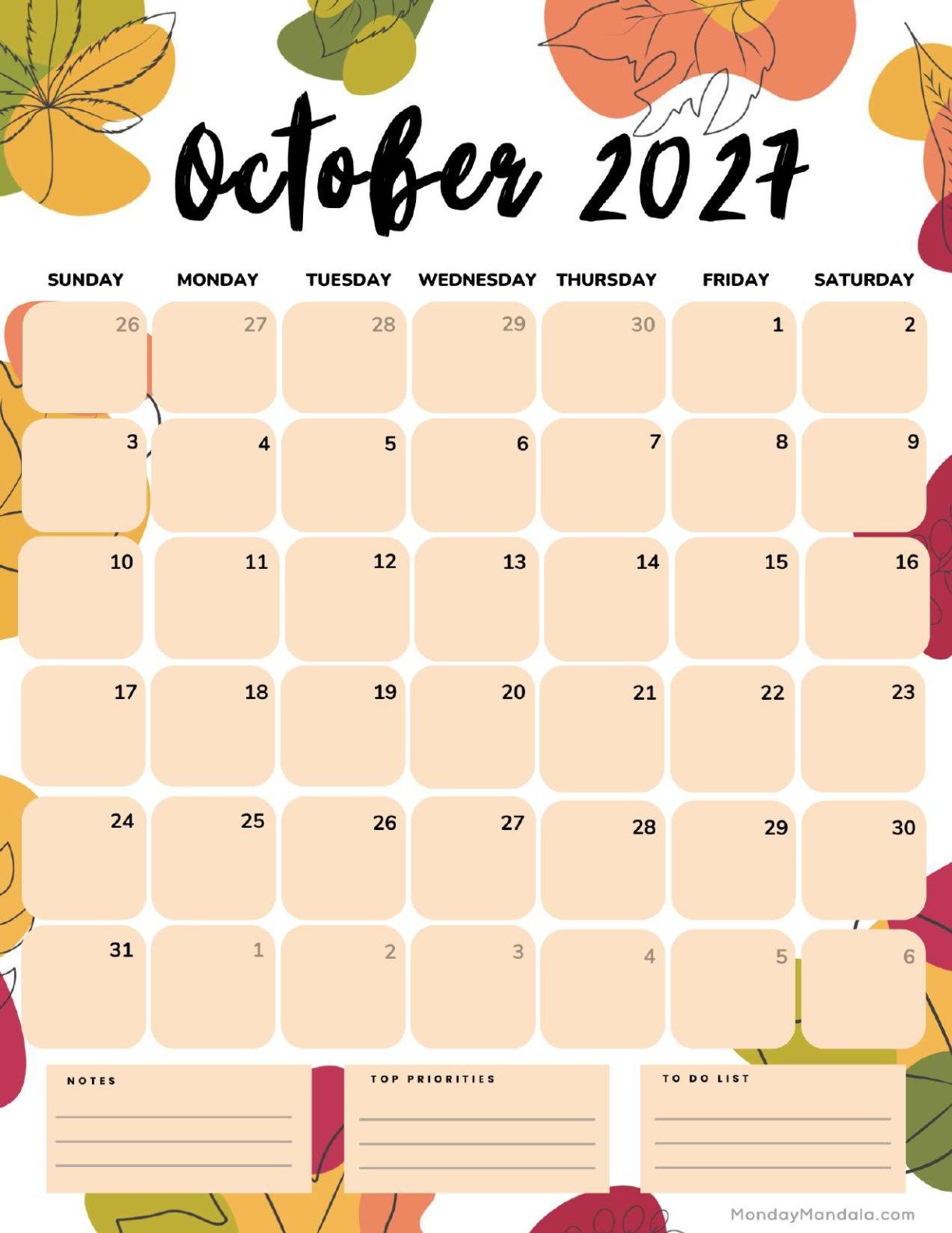October 2027 Calendar Printable Fall Portrait