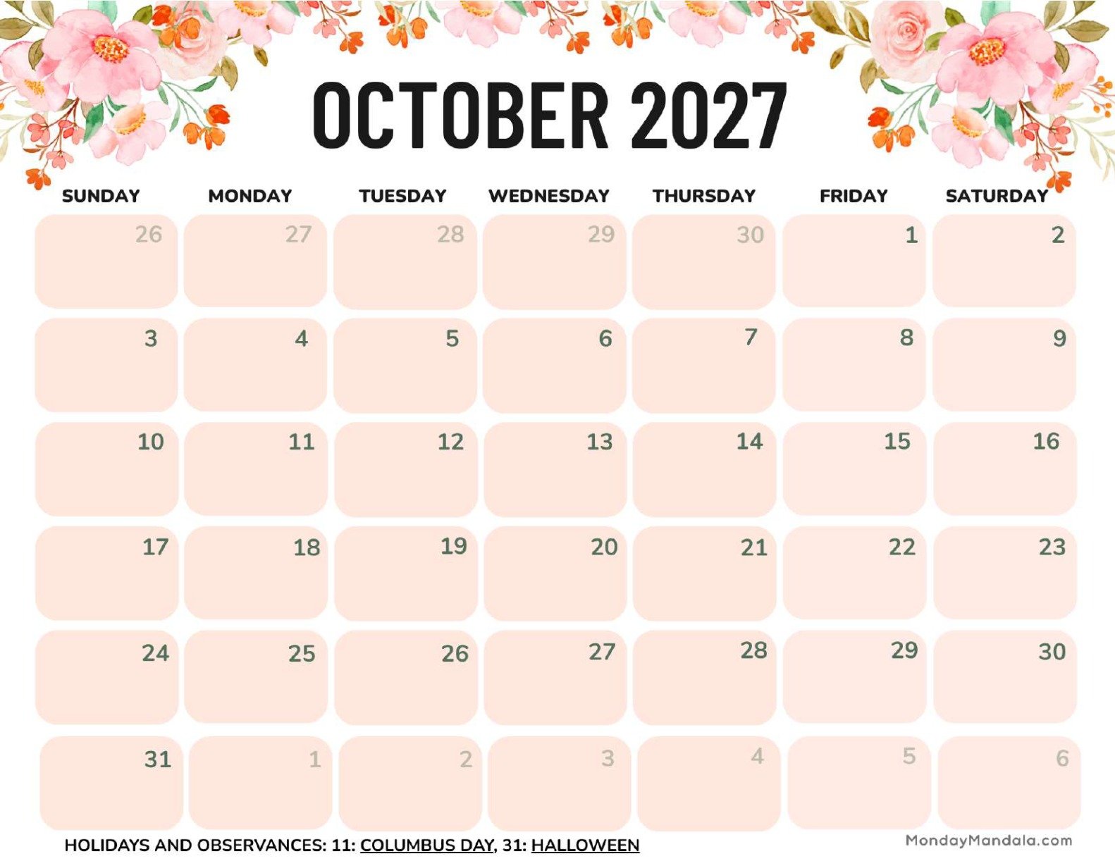 October 2027 Calendar Printable Flowers Landscape