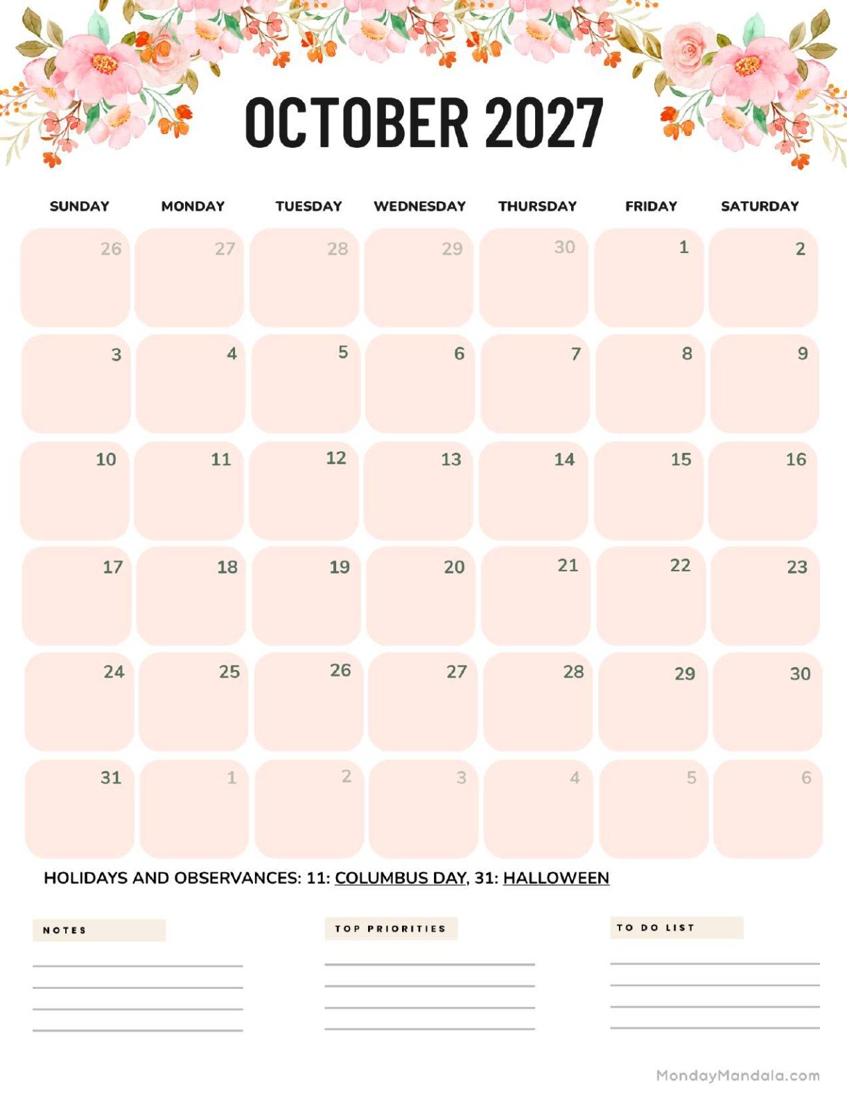 October 2027 Calendar Printable Flowers Portrait