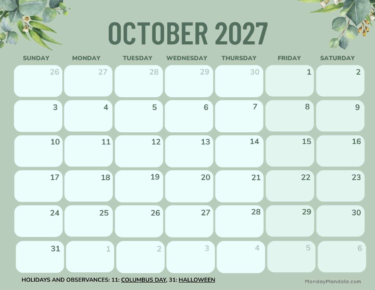 October 2027 Calendar Printable Green Landscape