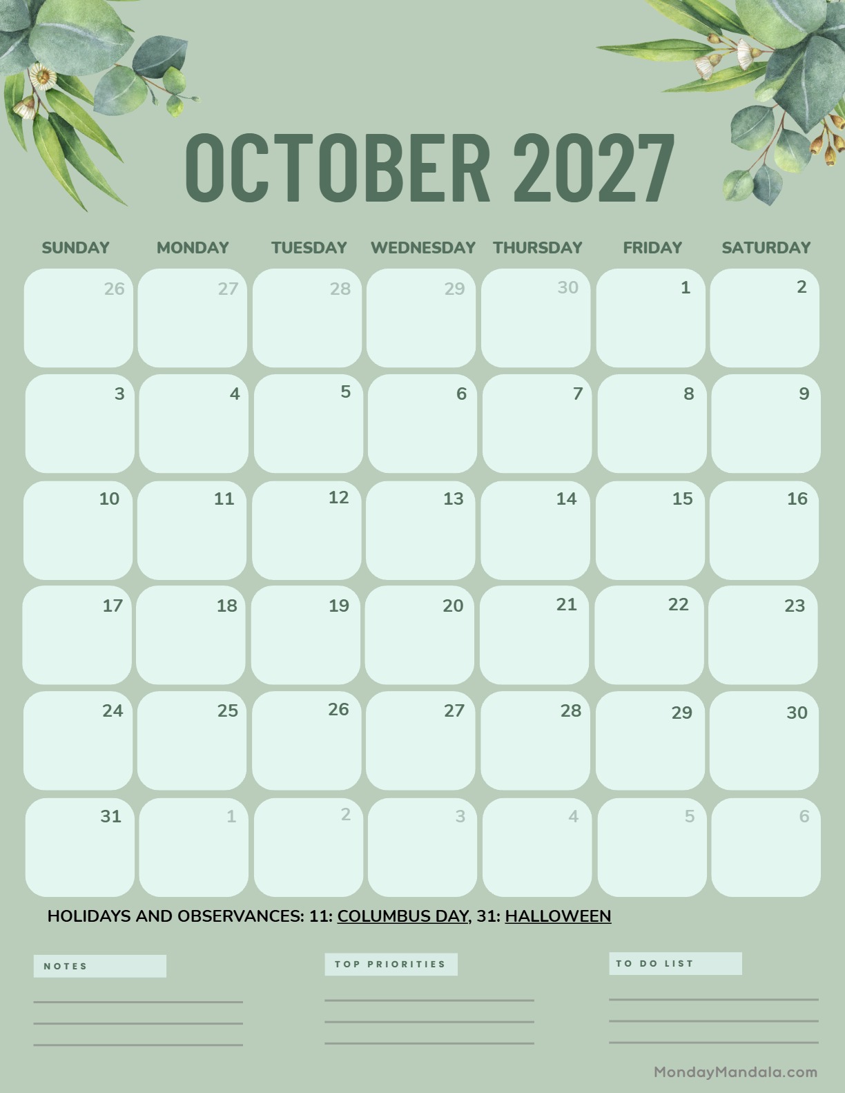 October 2027 Calendar Printable Green Portrait v2