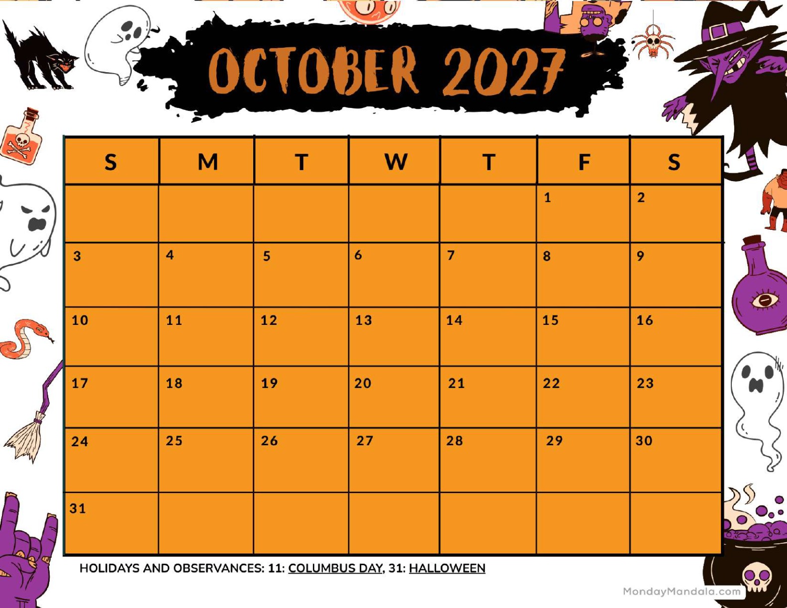 October 2027 Calendar Printable Halloween Landscape