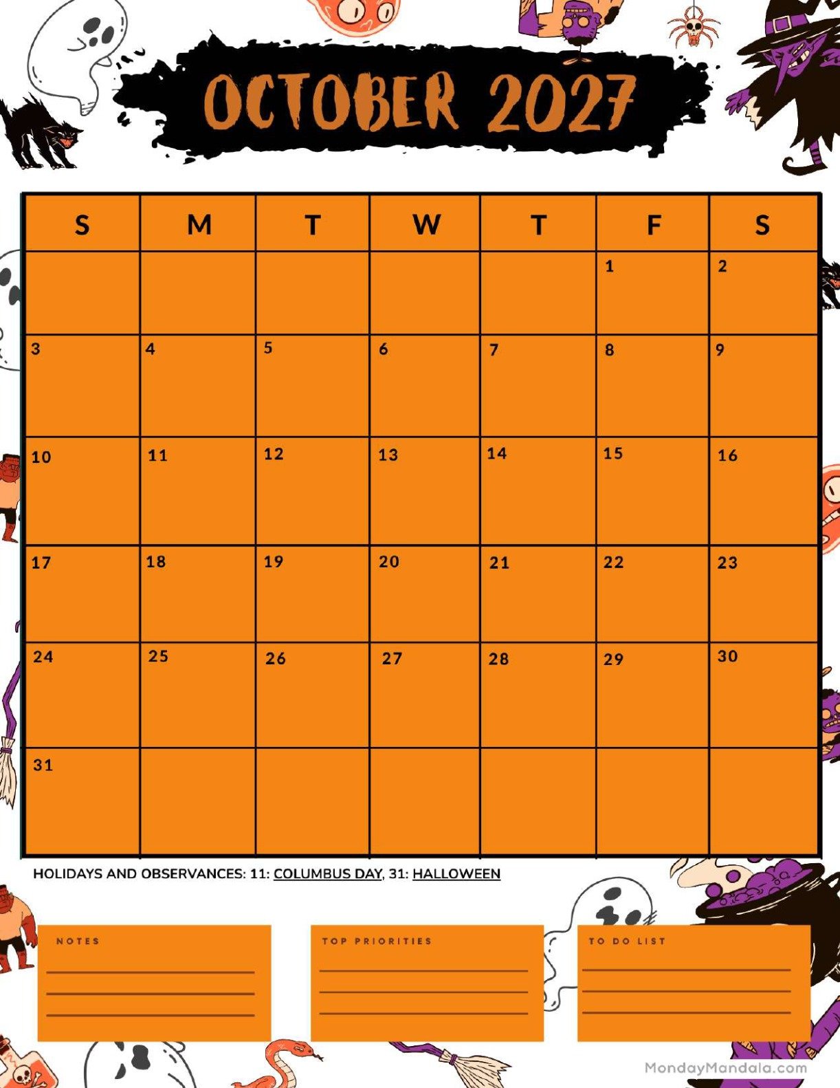 October 2027 Calendar Printable Halloween Portrait