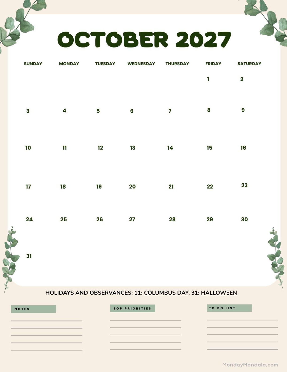 October 2027 Calendar Printable Leaves Portrait