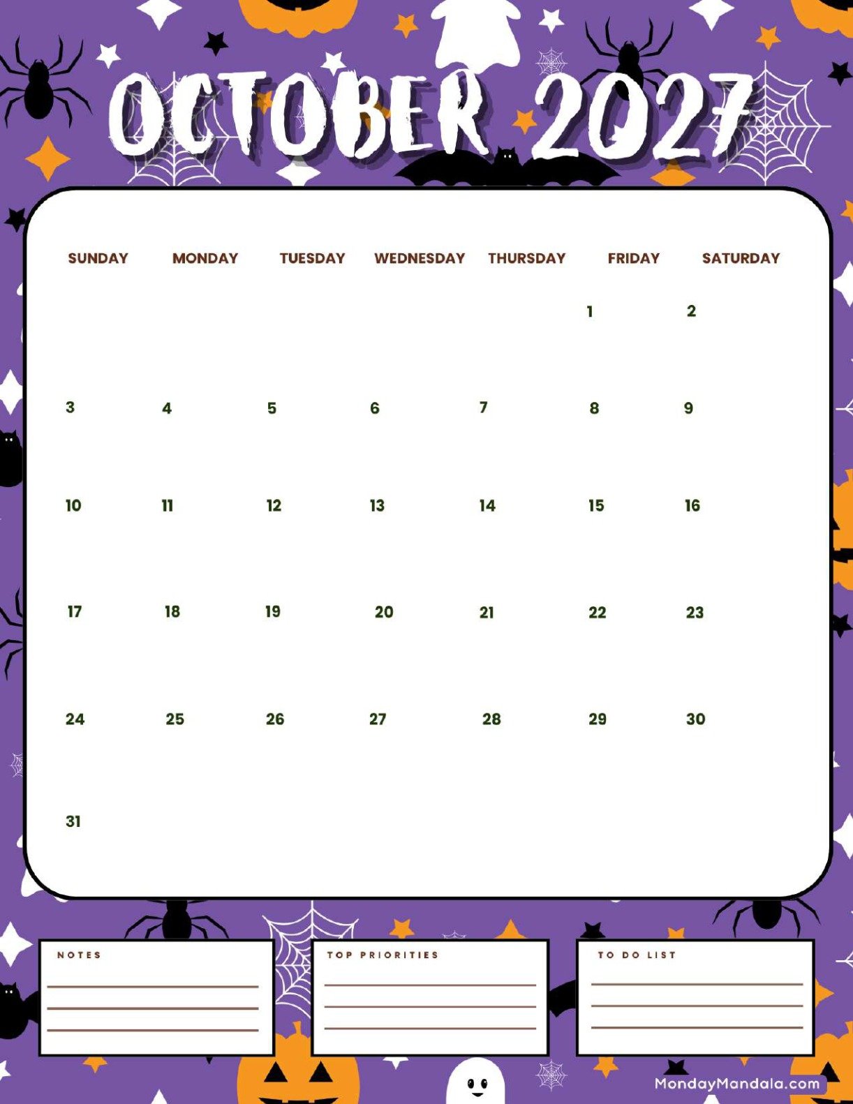 October 2027 Calendar Printable Spooky Portrait