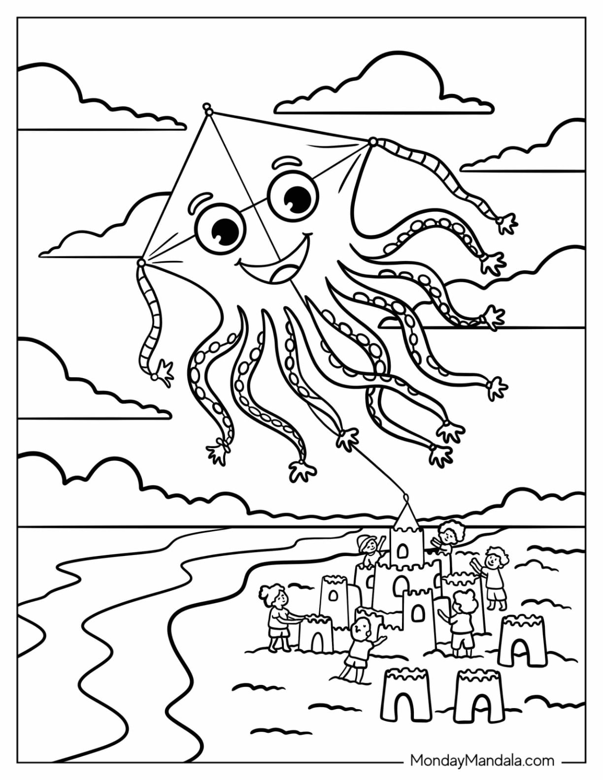 Octopus Kite Coloring Page at the Beach