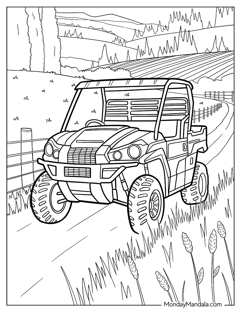 Off Road Farm UTV Coloring Page Exploring a Peaceful Valley Trail