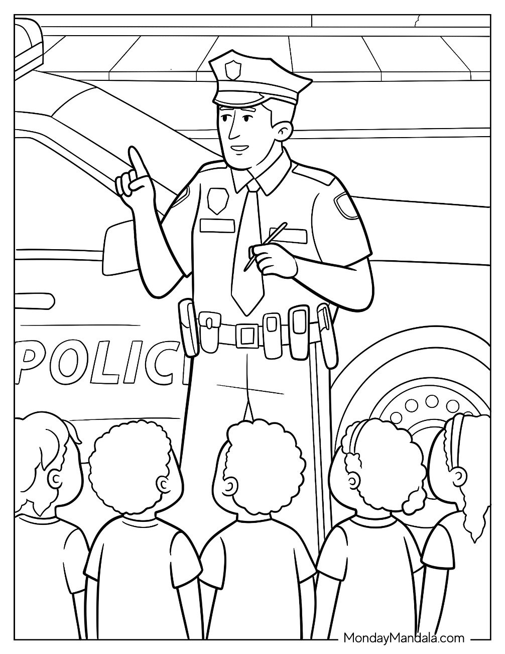 Office Standing Outside Police Car Coloring Page Speaking To Children