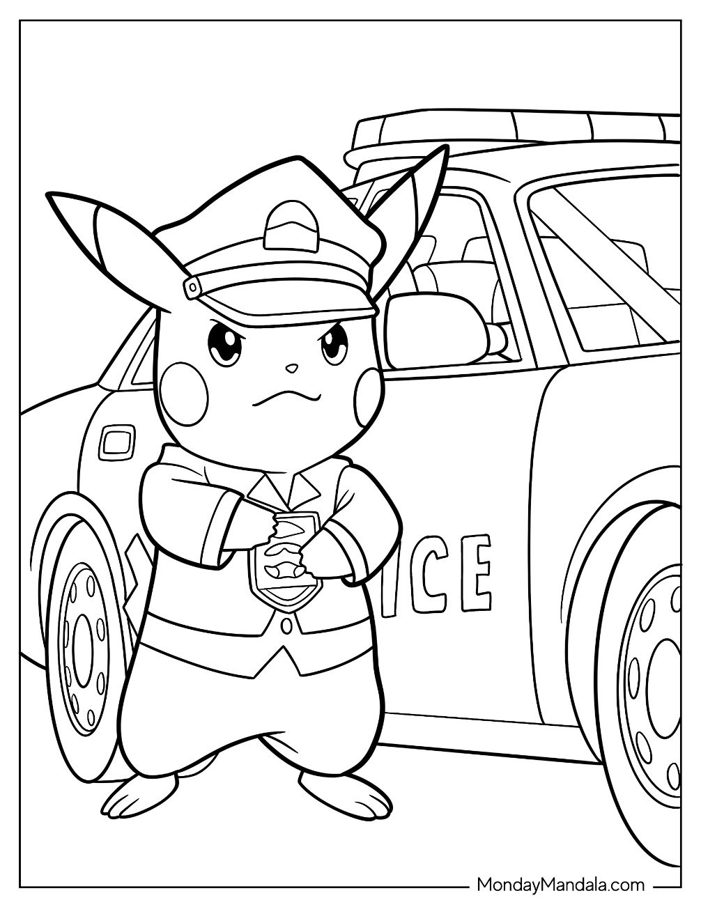 Officer Pikachu Outside Police Car Coloring Page For Kids