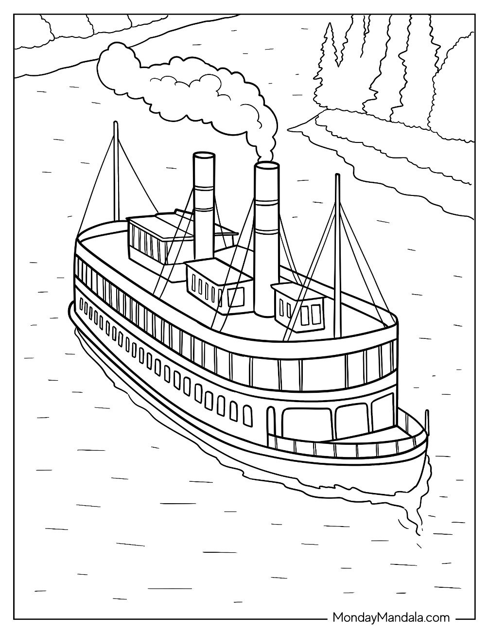 Boat & Ship Coloring Page of Old Fashioned Steamboat Sailing Down a Serene River for Kids