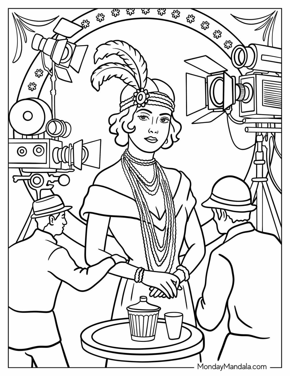 Vintage Coloring Page of Old Hollywood Actress with Feathered Headband Surrounded By Cameras