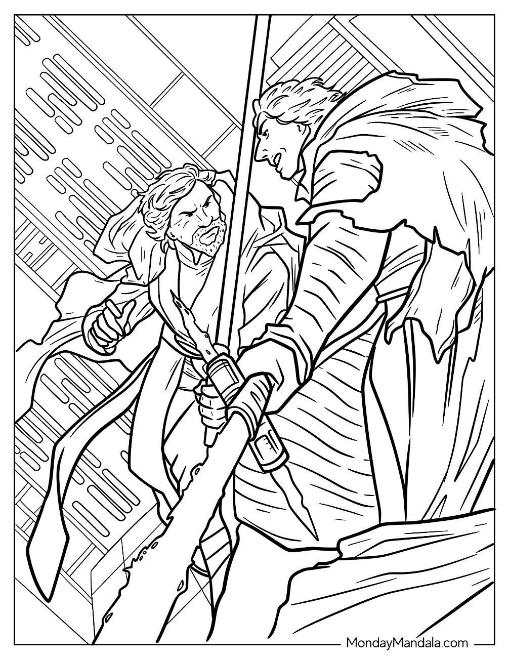 Old Luke Skywalker Coloring Page Fighting Kylo Ren
