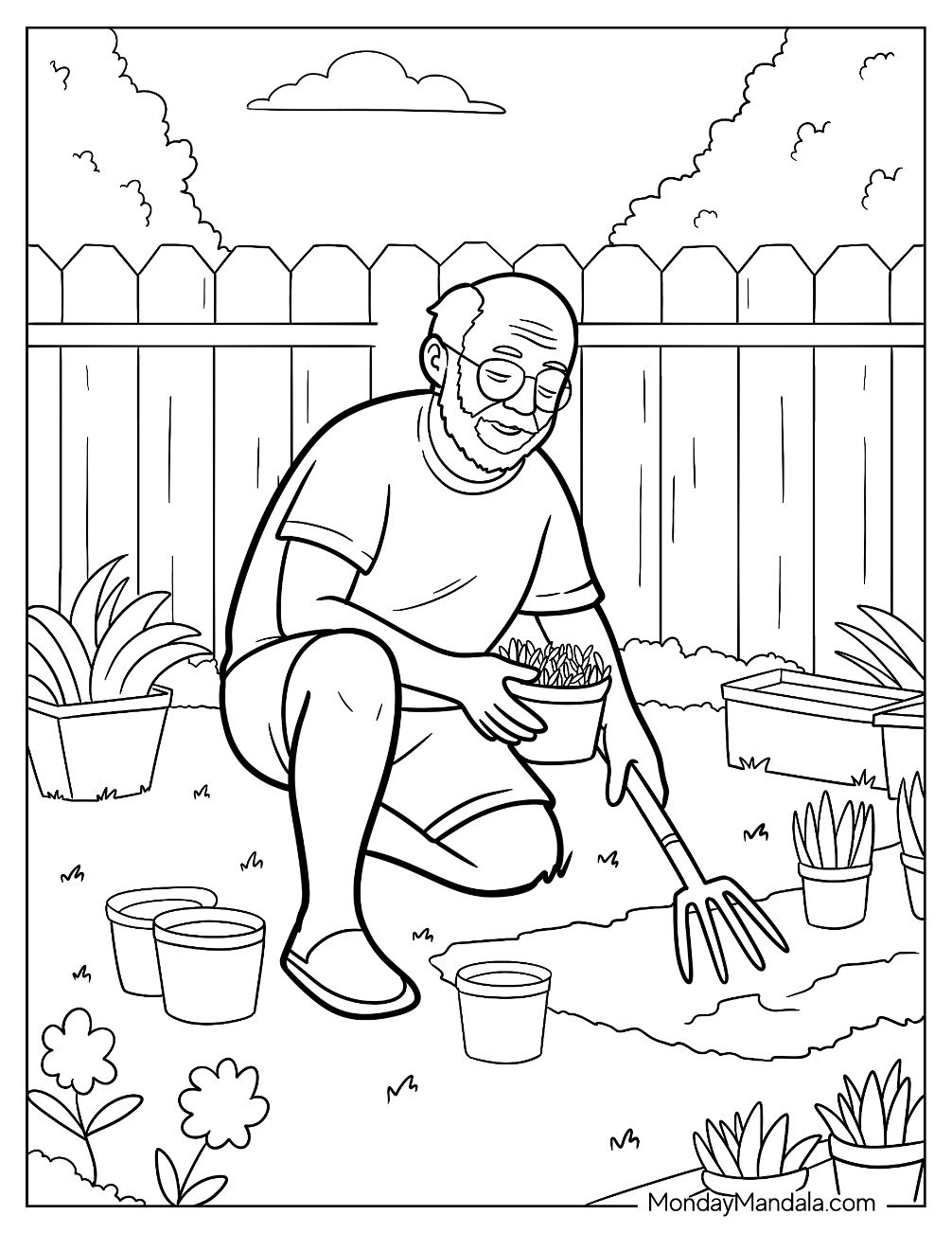 People Coloring Page of Old Man Gardening In His Backyard 