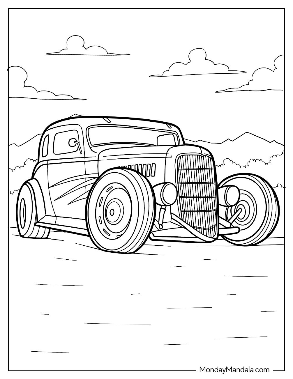 Old School Hot Rod Coloring Page with Low Stance Cruising Under Open Skies