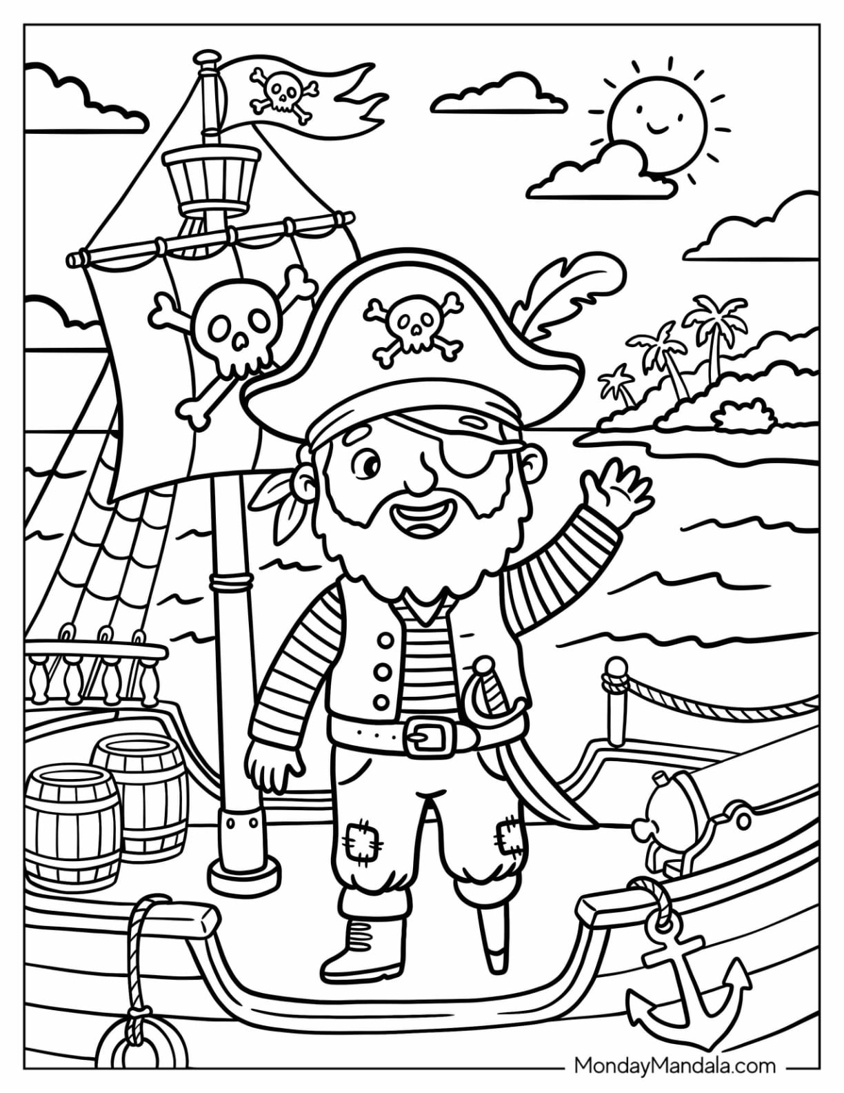 One Eyed Pirate Waving Aboard His Ship Coloring Page for Kids