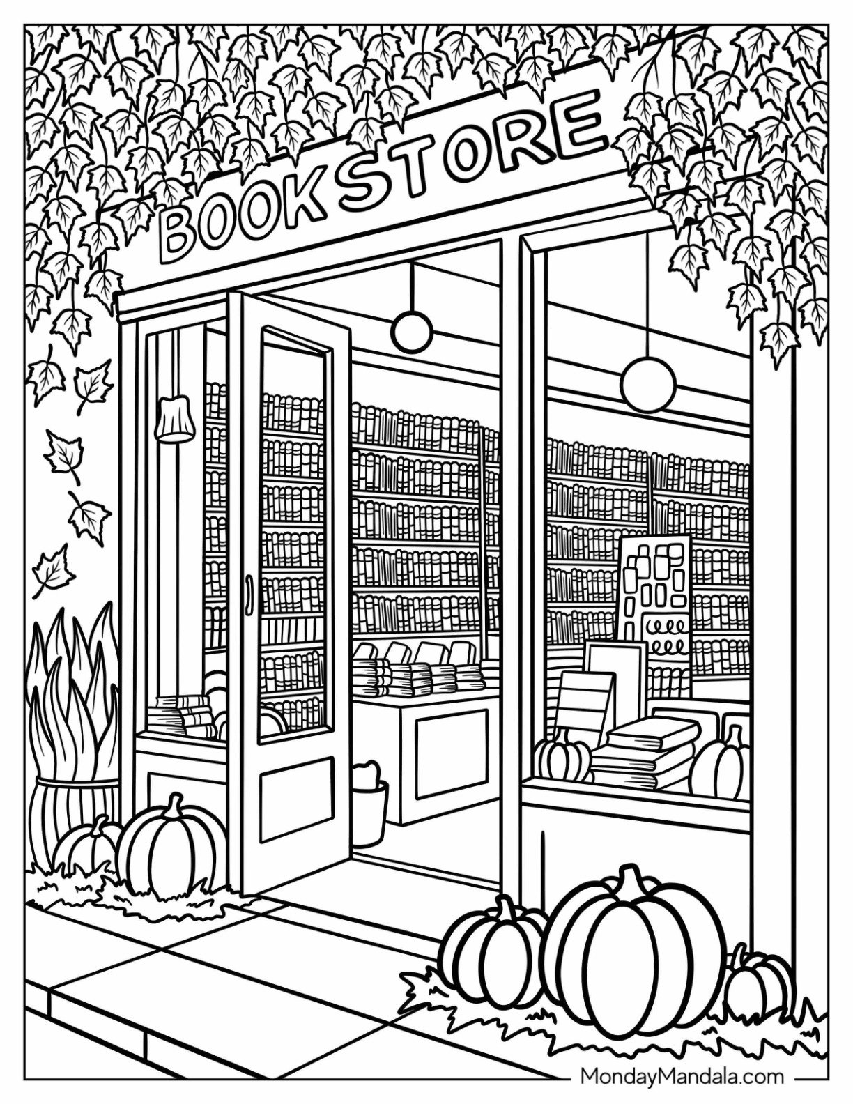 Open Bookstore in Fall With Stacked Shelves, Pumpkins, And Trailing Ivy