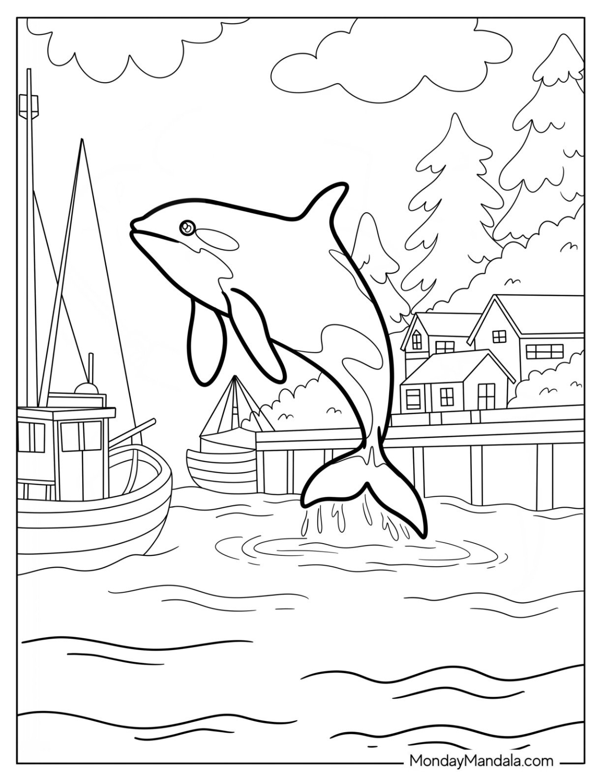 Orca Jumping Near a Coastal Fishing Village