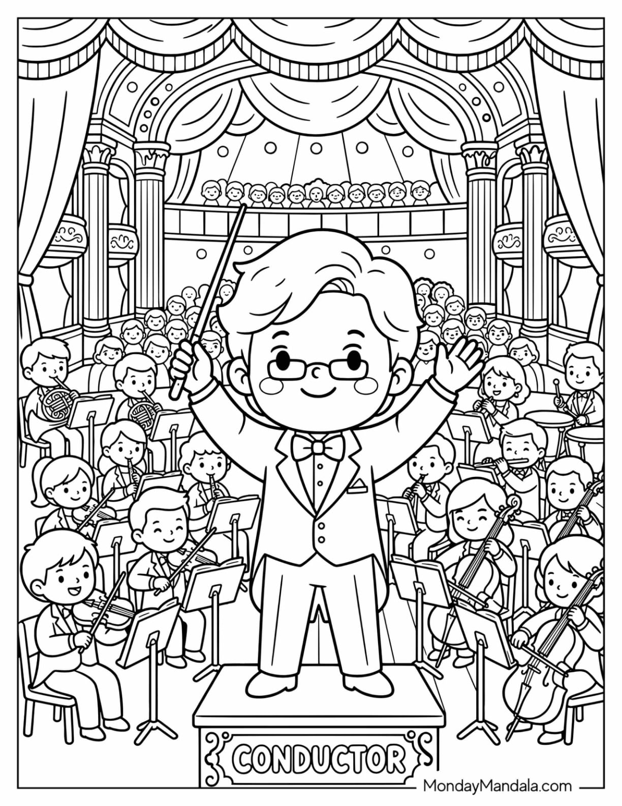 Orchestra Conductor Leading a Symphony Performance Coloring Page
