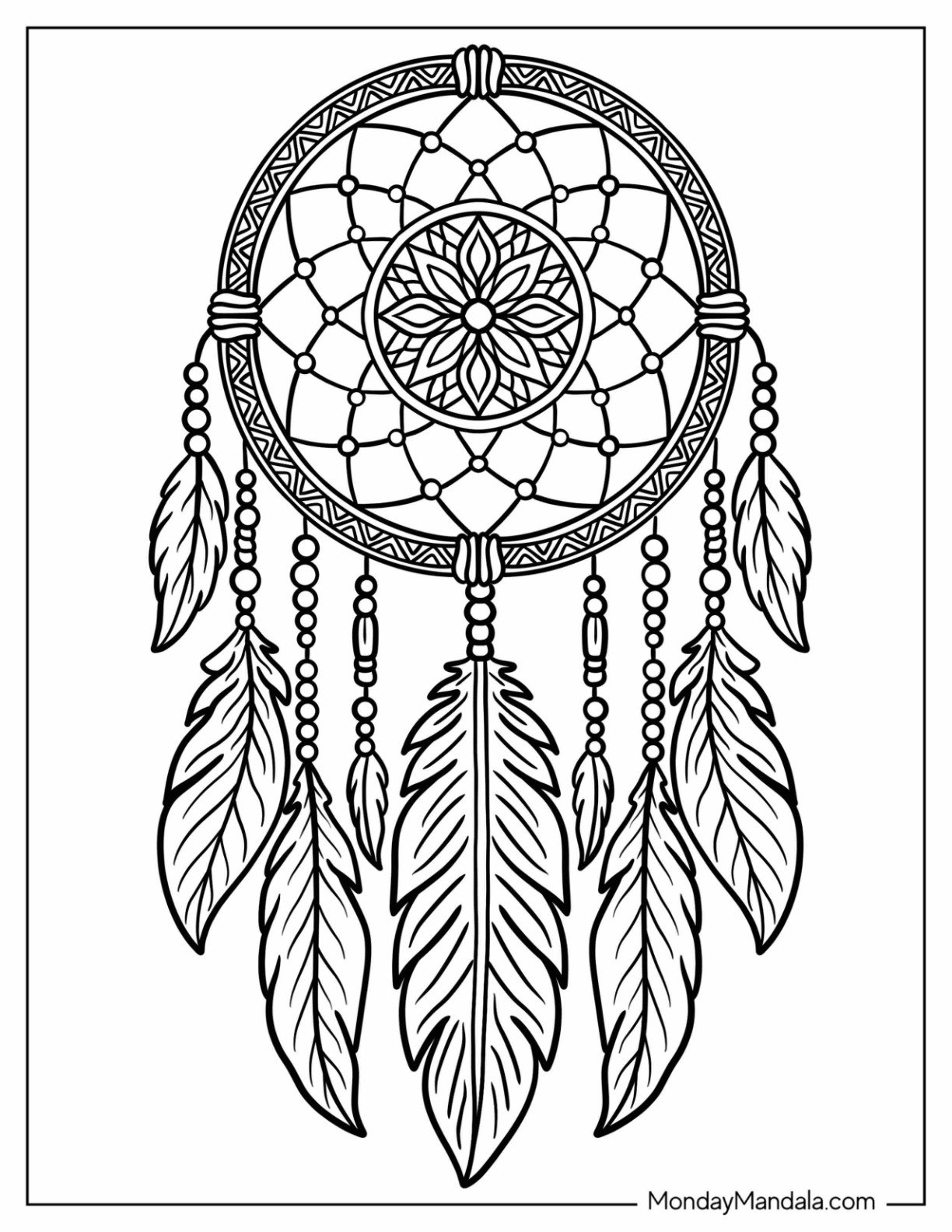 Native American Coloring Page of Ornamental Dreamcatcher with Beads, Feathers, and Woven Center