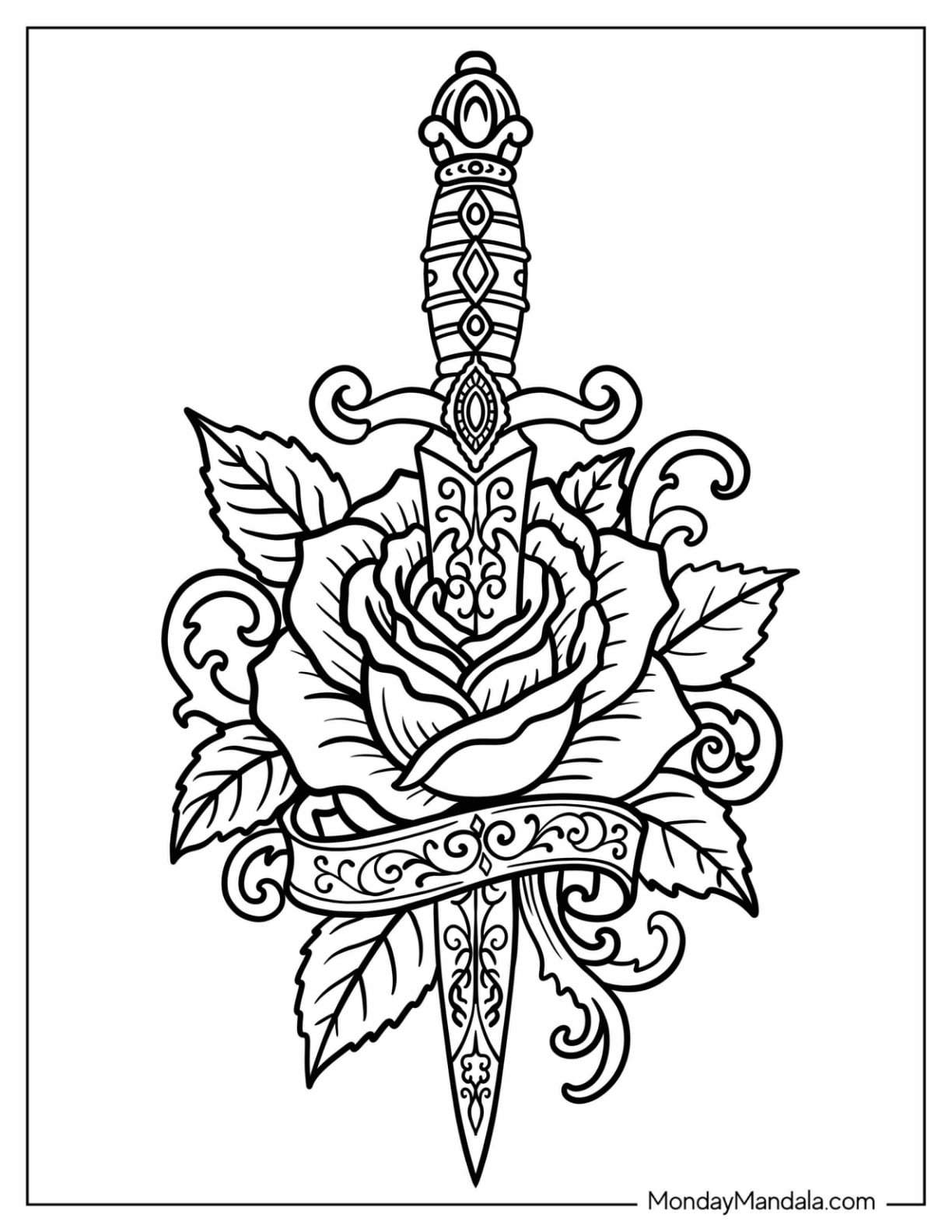 Ornate Dagger Through a Rose Tattoo Coloring Page
