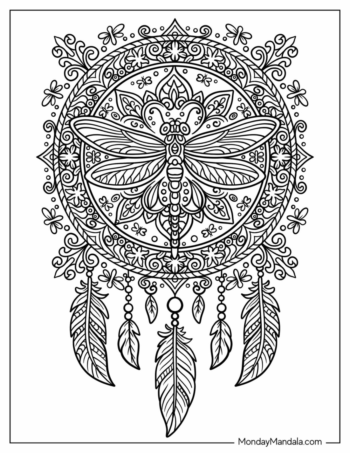 Ornate Dragonfly Coloring Page Mandala with Feathers