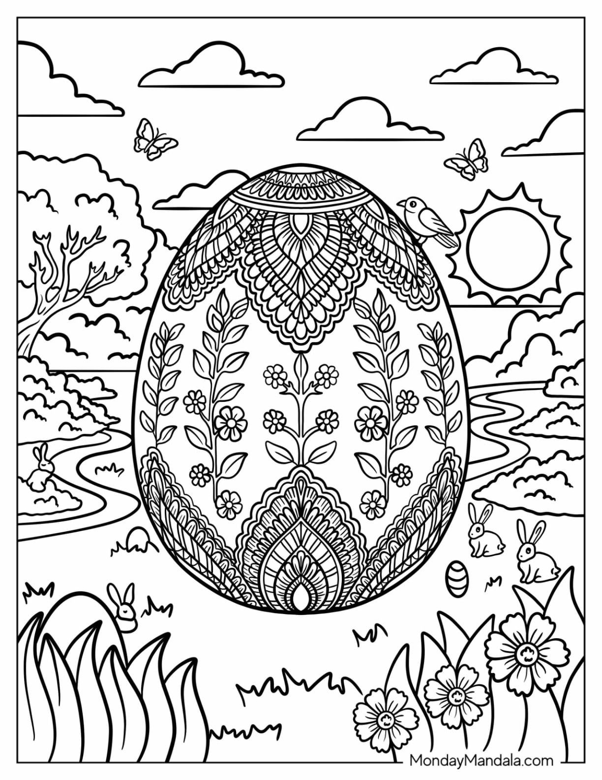 Easter Mandala Coloring Page of Ornate Easter Egg in Spring Meadow