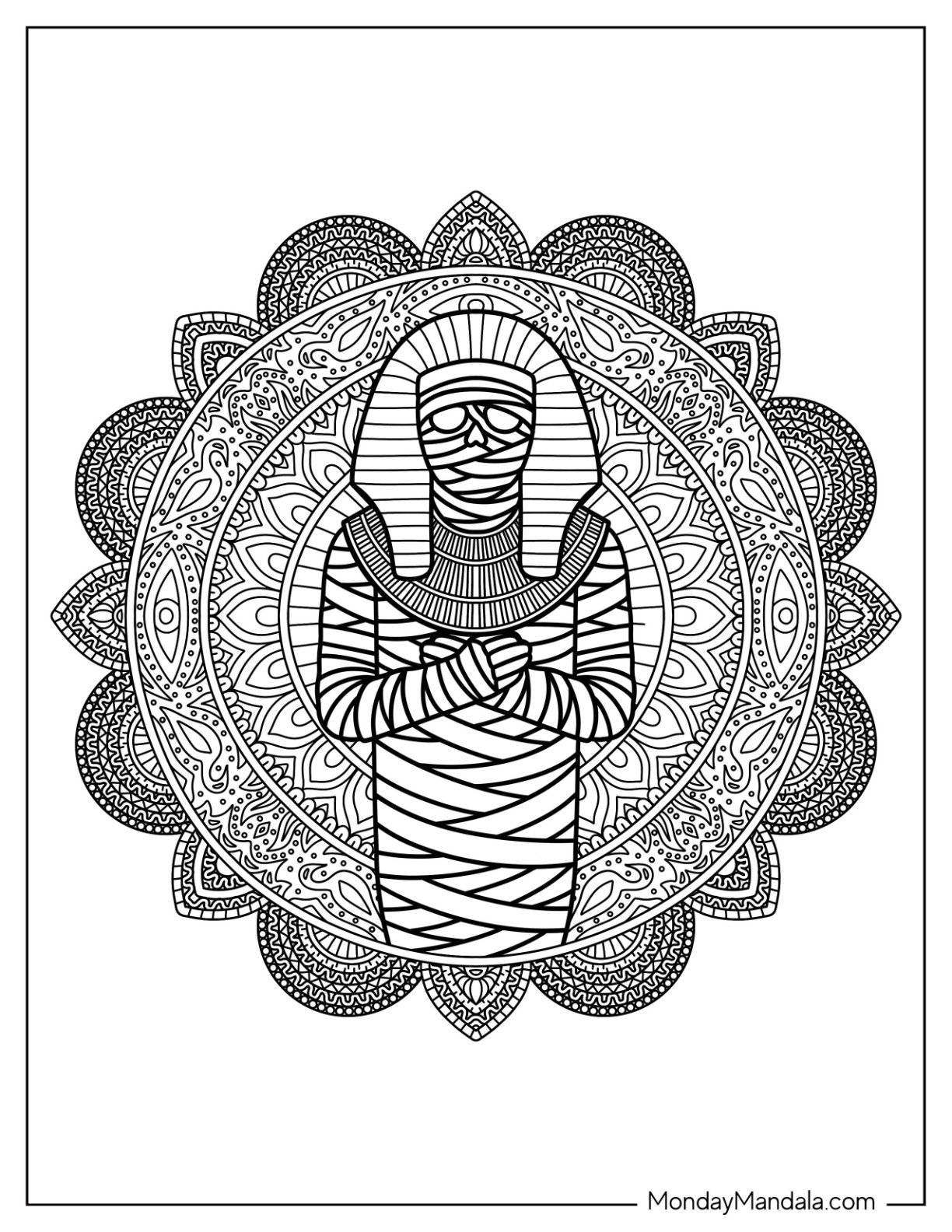 Ornate Egyptian Mummy Coloring Page with Mandala Background
