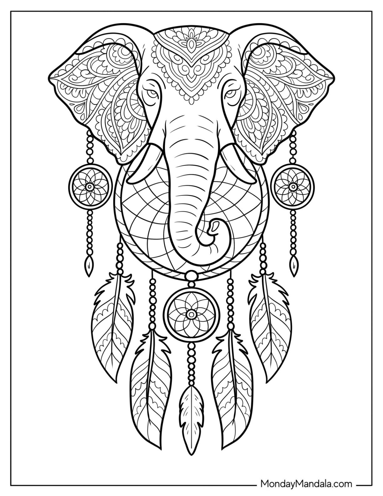 Ornate Elephant Coloring Page with Dreamcatcher and Feathers