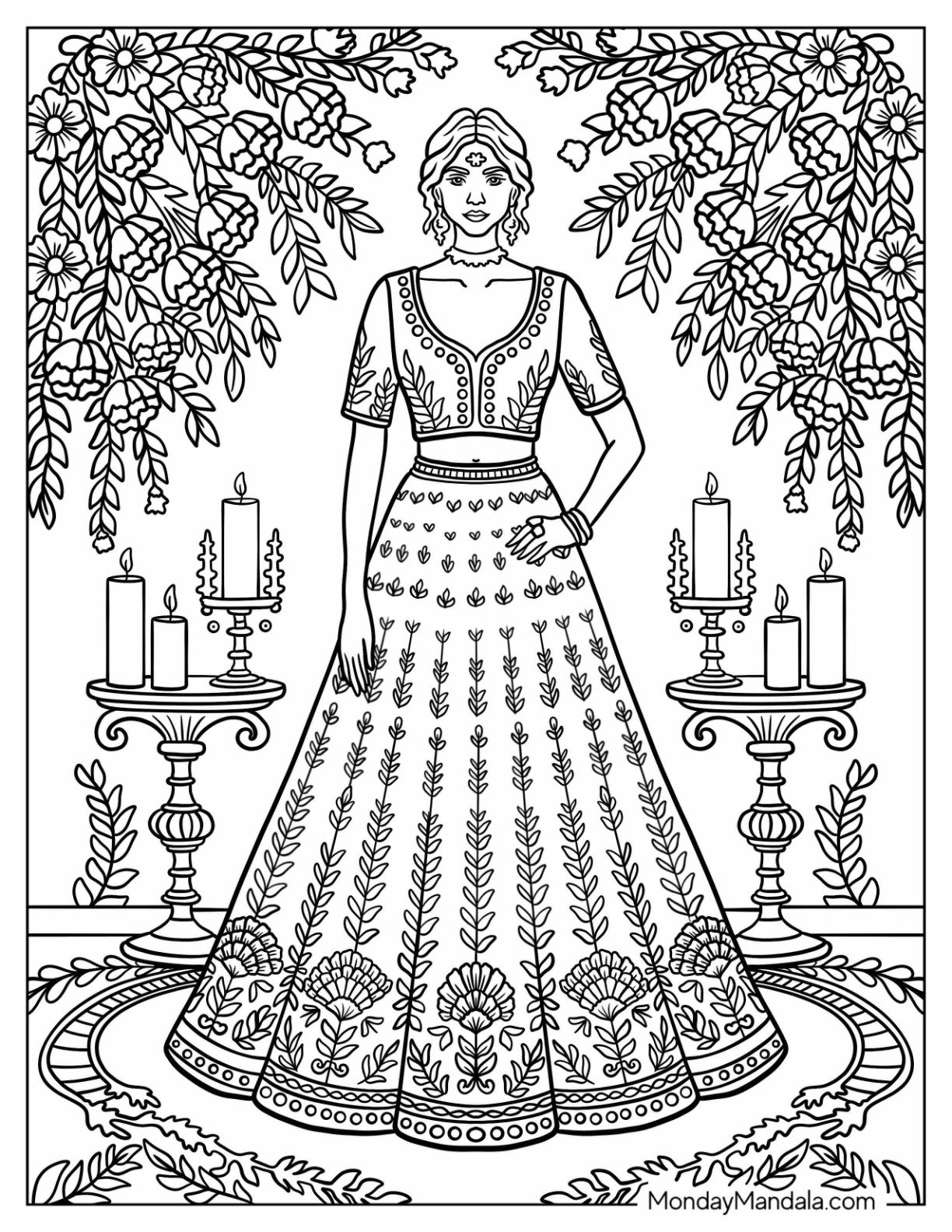 Ornate Evening Dress with Intricate Patterns in a Romantic Garden Setting Fashion Coloring Page